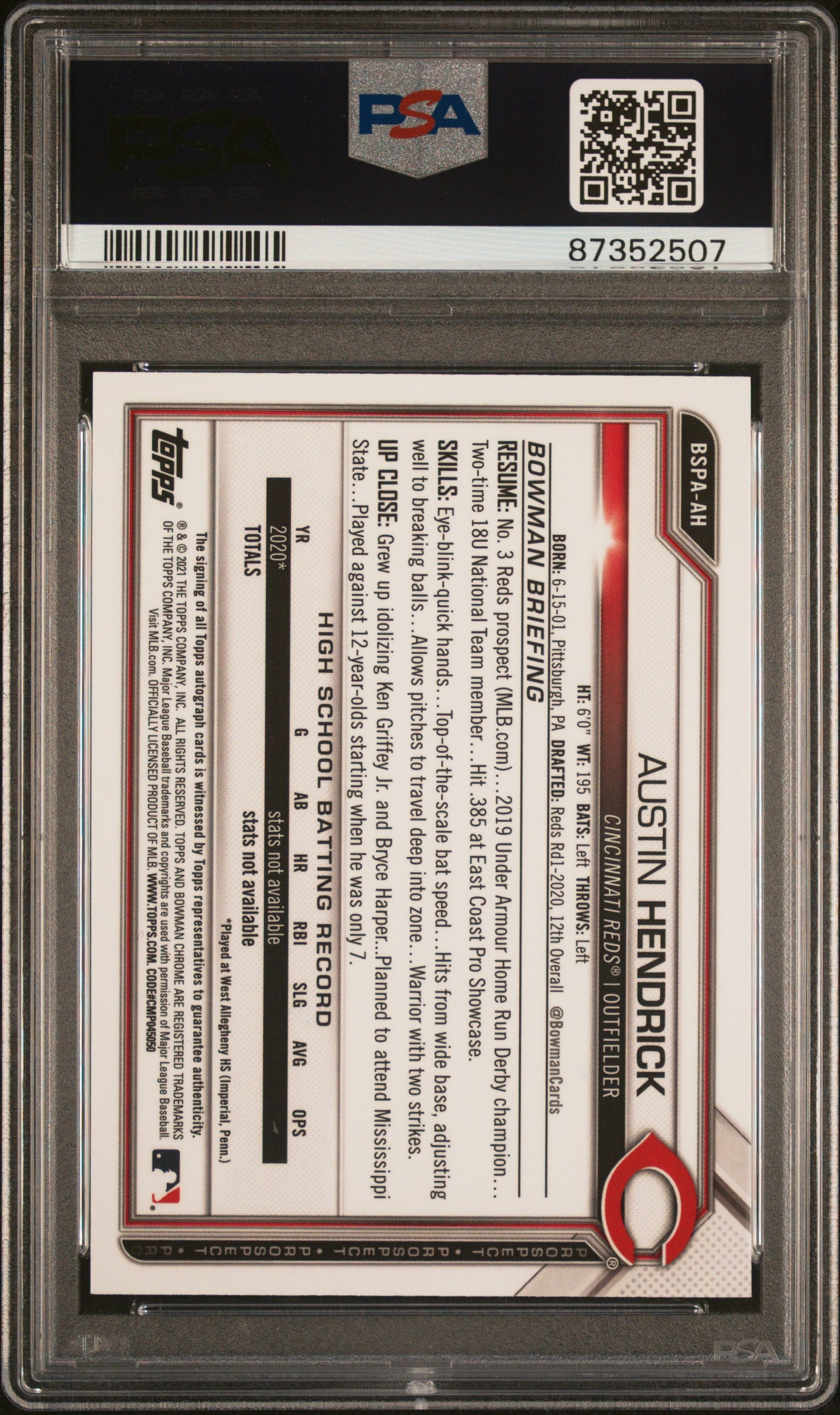 2021 Bowman Chrome Sapphire Edition Autographs #BSPAAH Austin Hendrick Aqua PSA 10