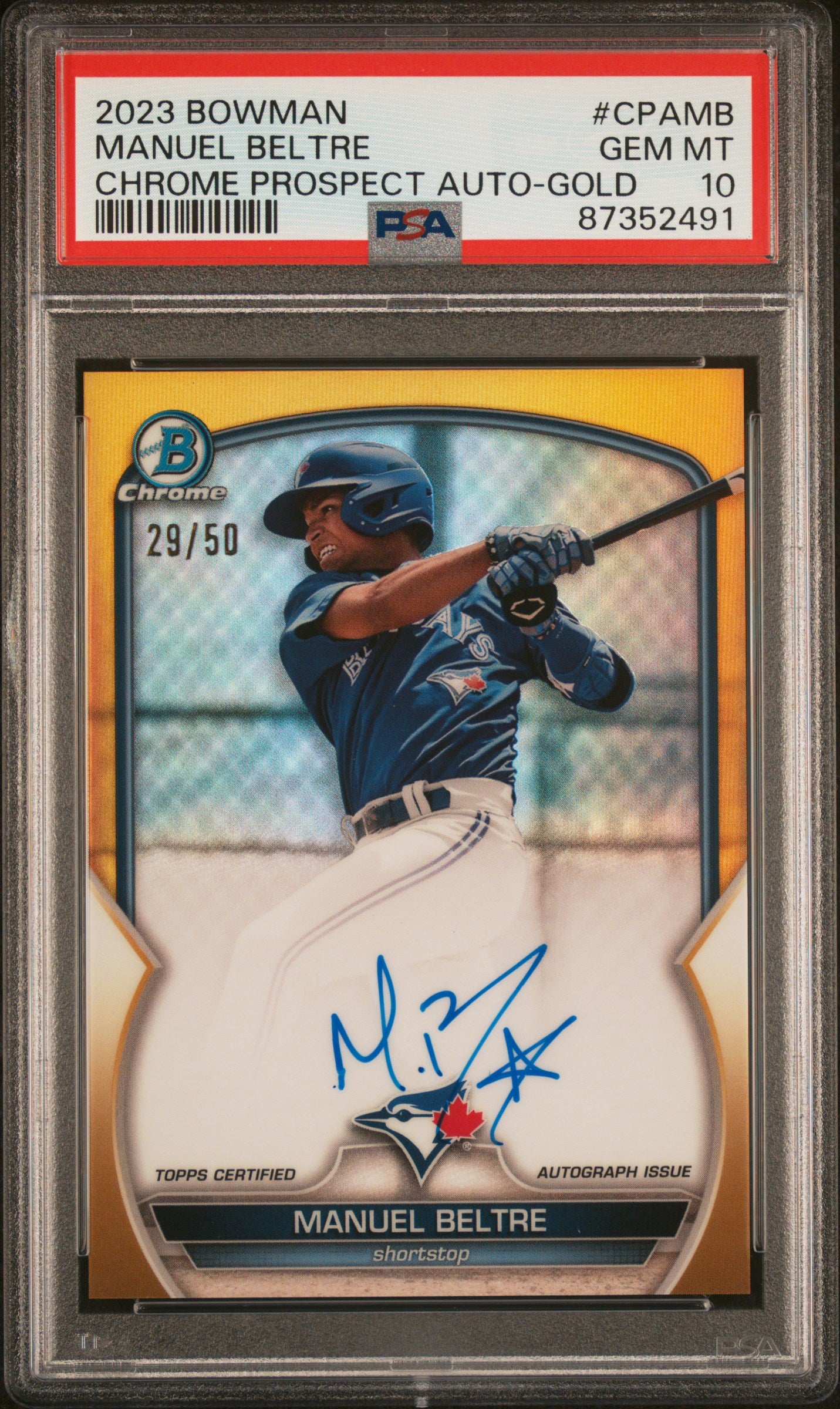 2023 Bowman Chrome #CPAMB Manuel Beltre Prospect Autograph Gold Refractor /50 PSA 10