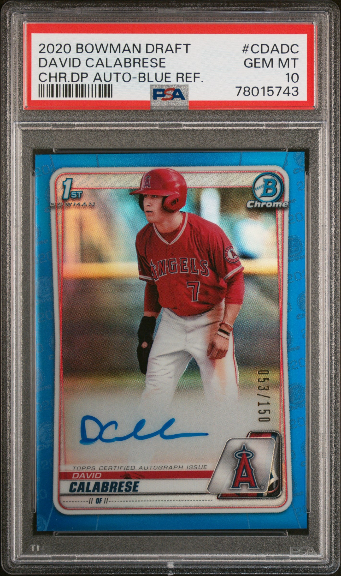 2020 Bowman Draft #CDADC David Calabrese Chrome Autograph Blue Refractor /150 PSA 10