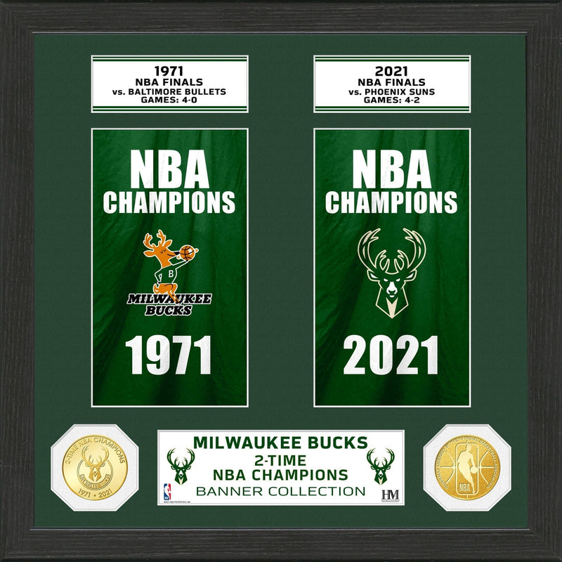 Highland Mint Milwaukee Bucks 2-Time Champions Bronze Coin Banner Collection