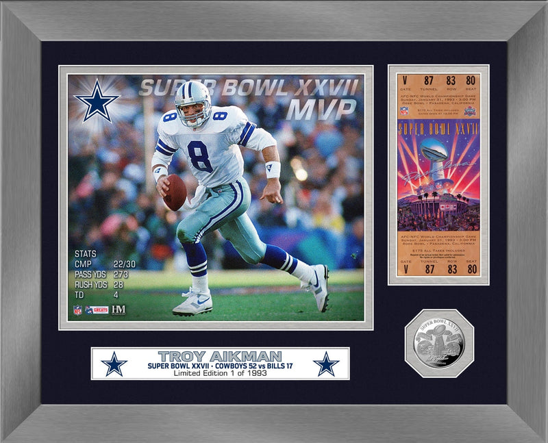 Highland Mint Troy Aikman Super Bowl XXVII MVP Silver Coin Ticket Photo Mint - Limited Edition /1993