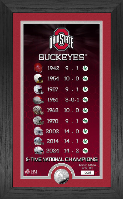Highland Mint Ohio State Buckeyes 9 Time National Champions Silver Coin Panoramic Frame - Limited Edition /5000