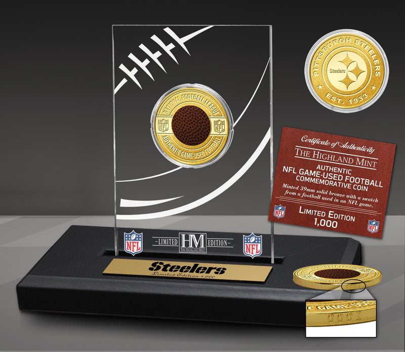 Highland Mint Pittsburgh Steelers Game Used NFL Football Bronze Coin in Commemorative Display - Limited Edition /1,000
