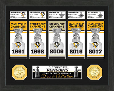 Highland Mint Pittsburgh Penguins 5-Time Stanley Cup Championship Banner Collection - Bronze Coins Framed Display