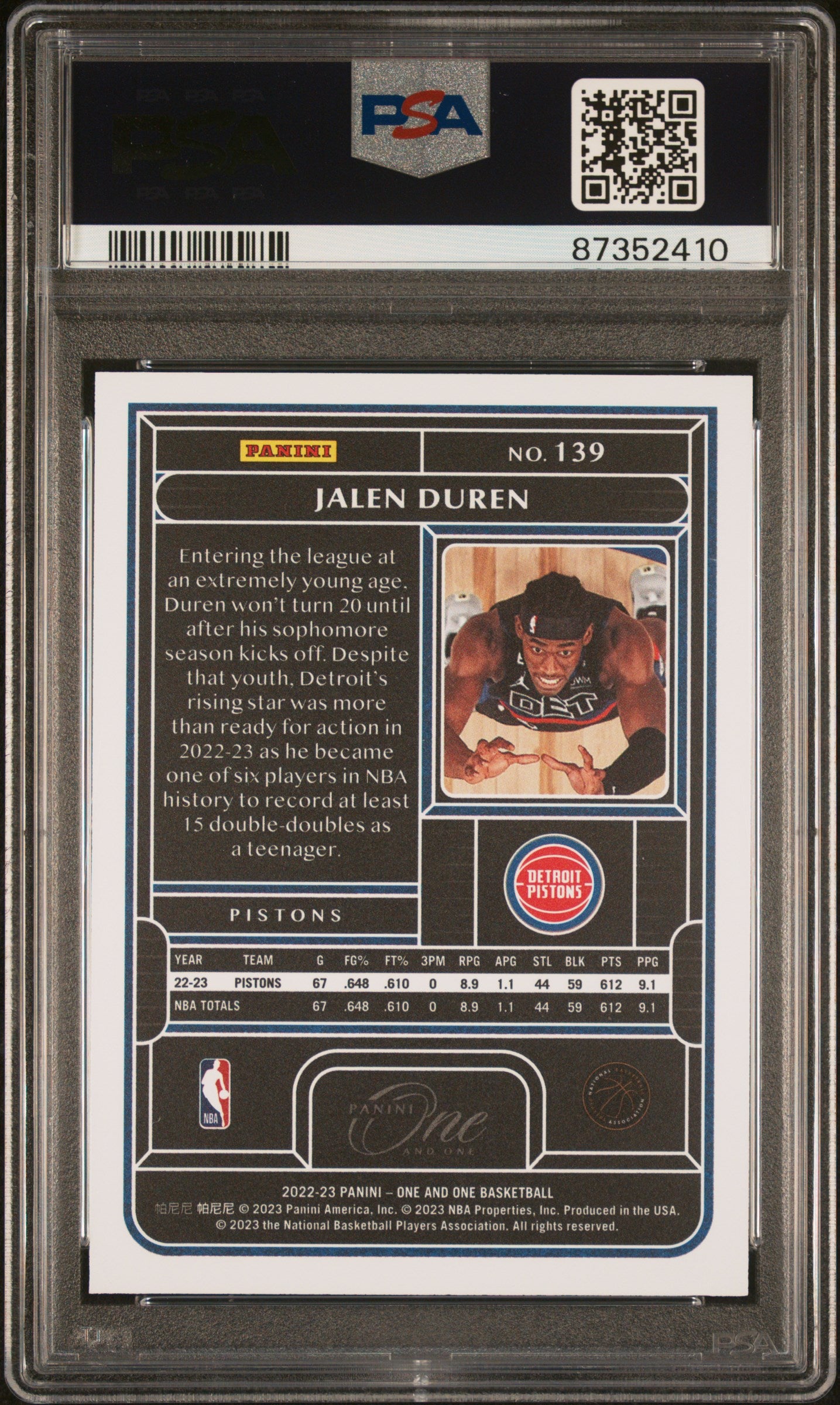 2022 Panini One and One Jalen Duren #139 RC /249 PSA 9
