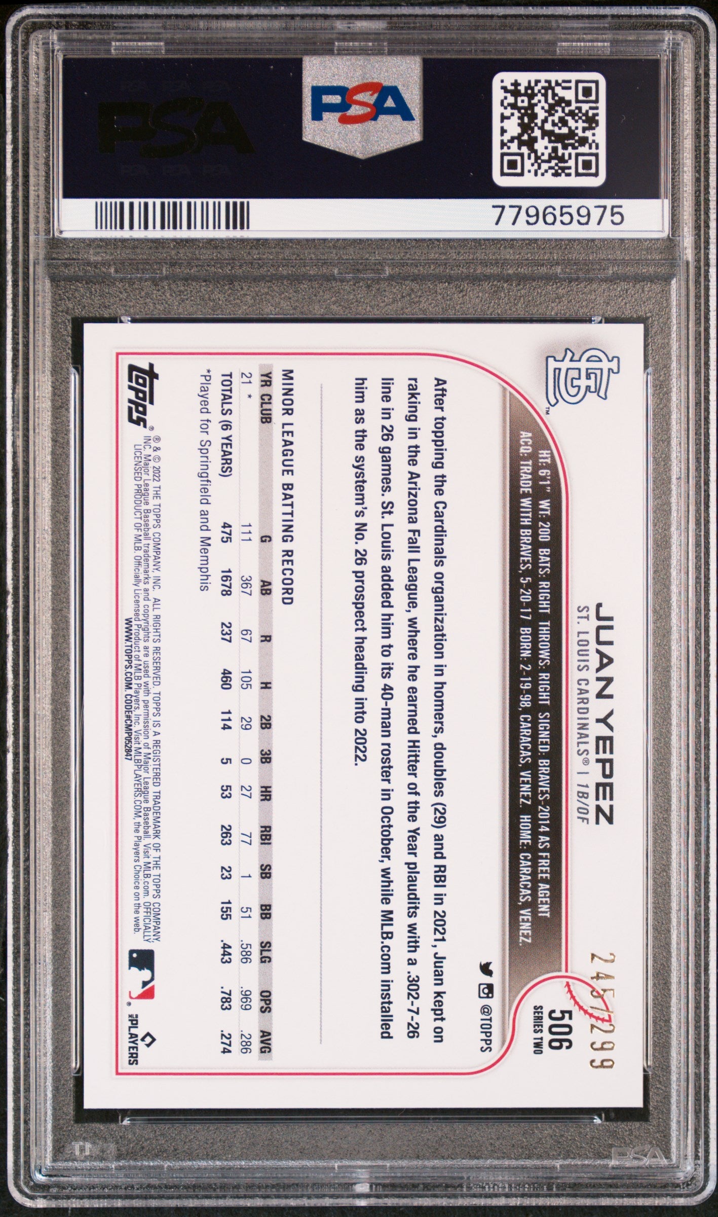 2022 Topps Orange Foilboard Juan Yepez #506 RC /299 PSA 10