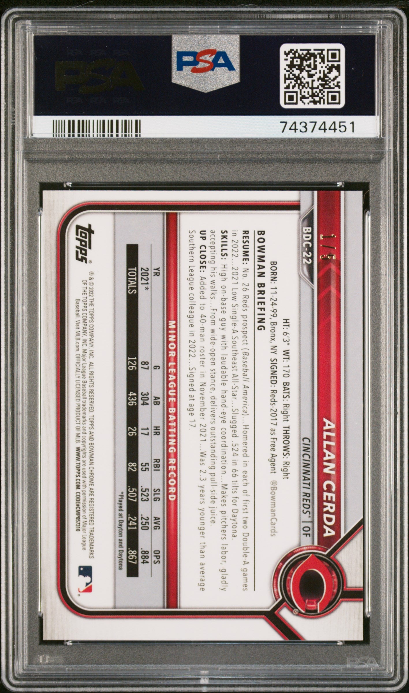 2022 Bowman Draft Chrome-Red Refractor Allan Cerda 1/5 #BDC22 PSA 9