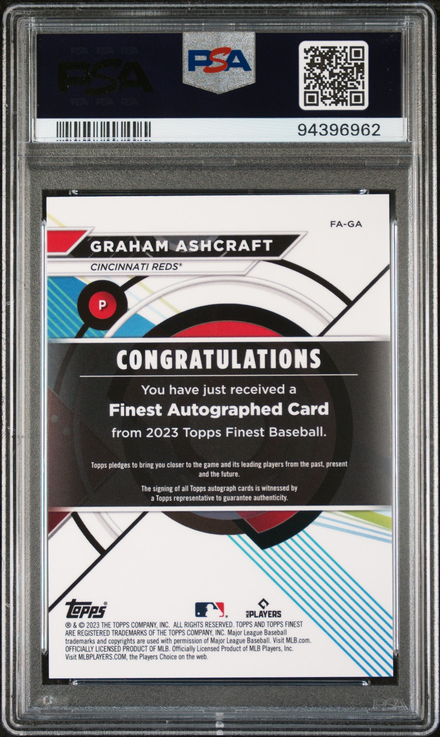 2023 Topps Finest Auto Gold Graham Ashcraft /50 Rookie RC PSA 10