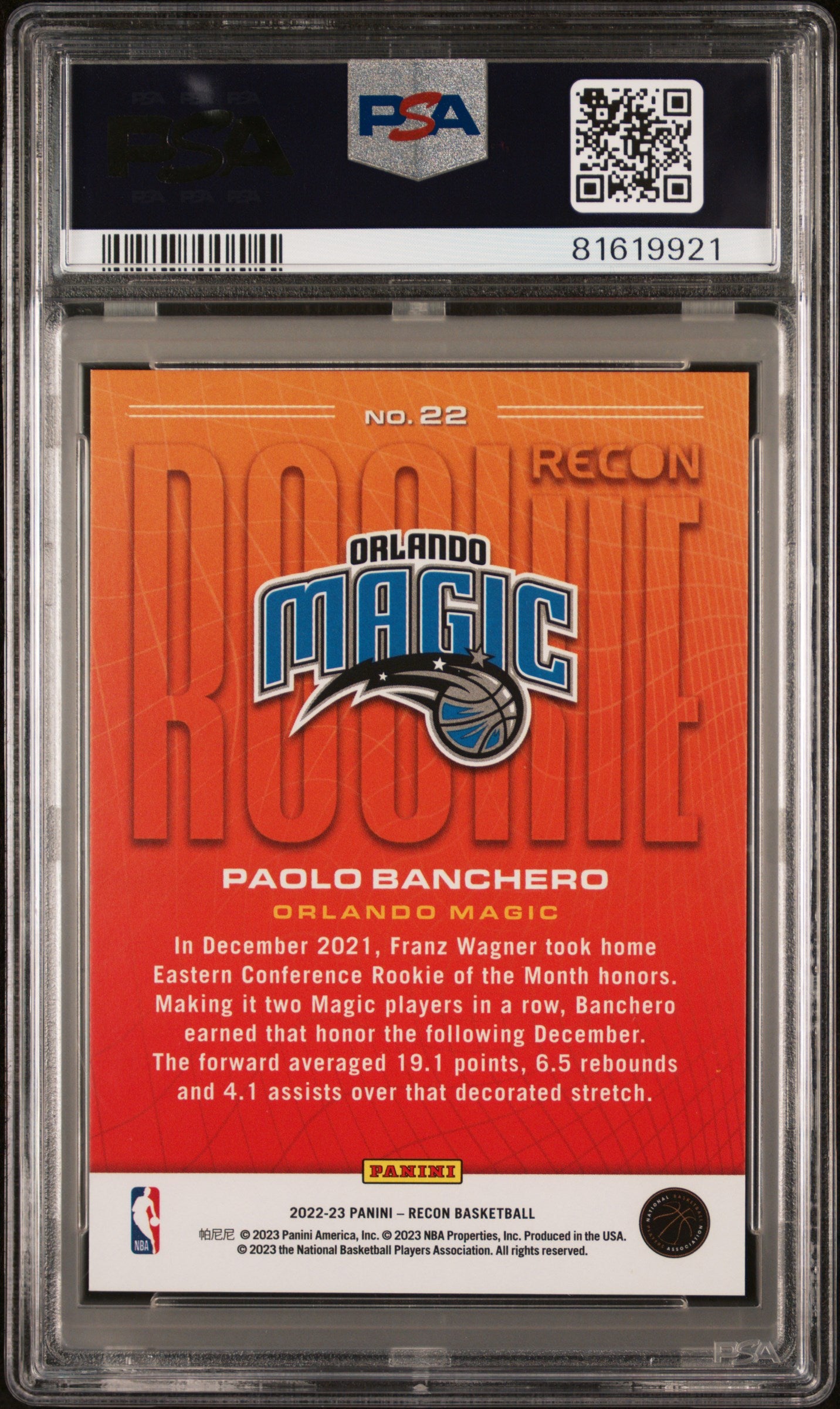 2022 Panini Recon Paolo Banchero #22 RC PSA 9