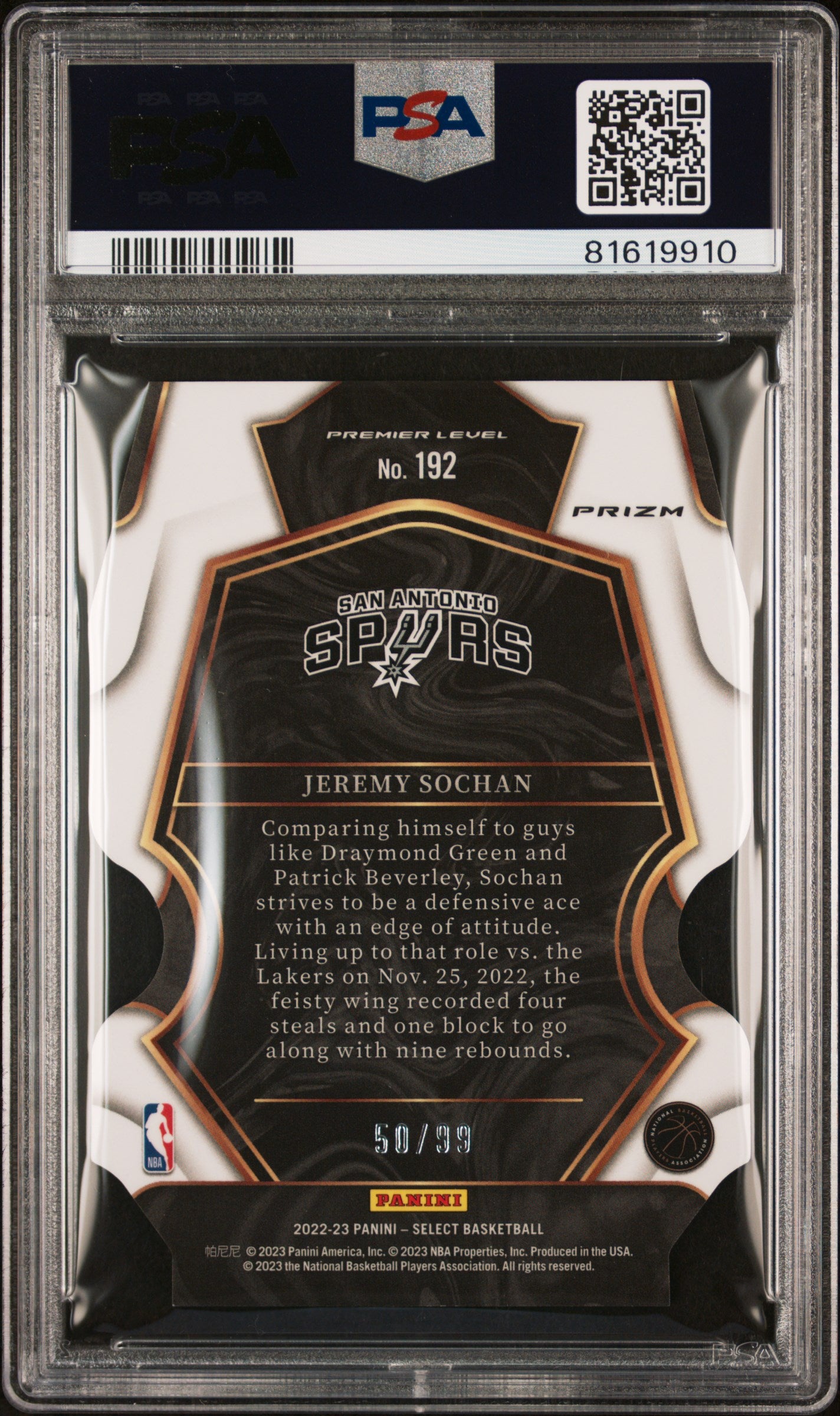 2022 Panini Select #192 Jeremy Sochan Purple Die-Cut PSA 10