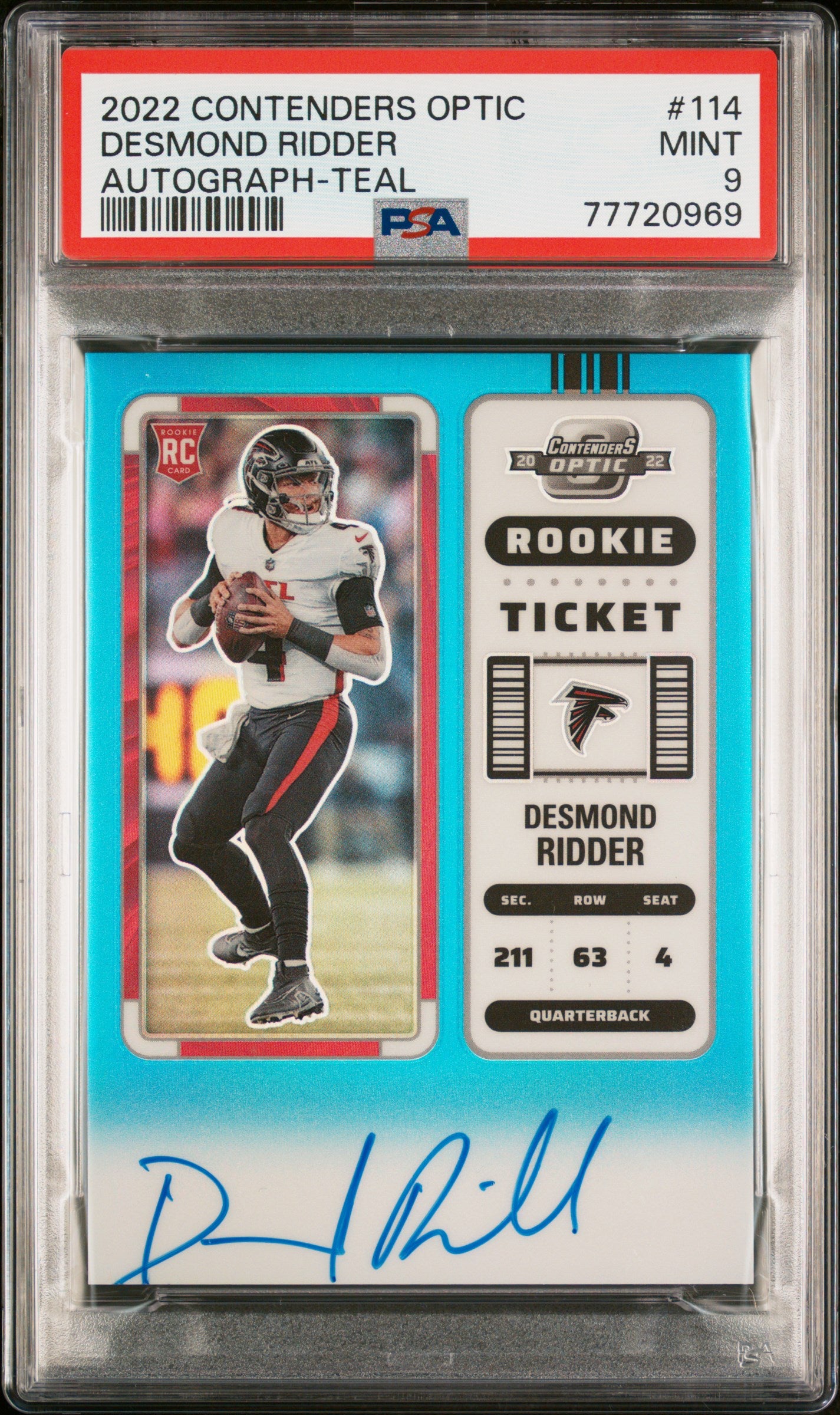 2022 Panini Contenders Optic #114A Desmond Ridder Rookie Ticket Autograph Teal Prizm /99 PSA 9