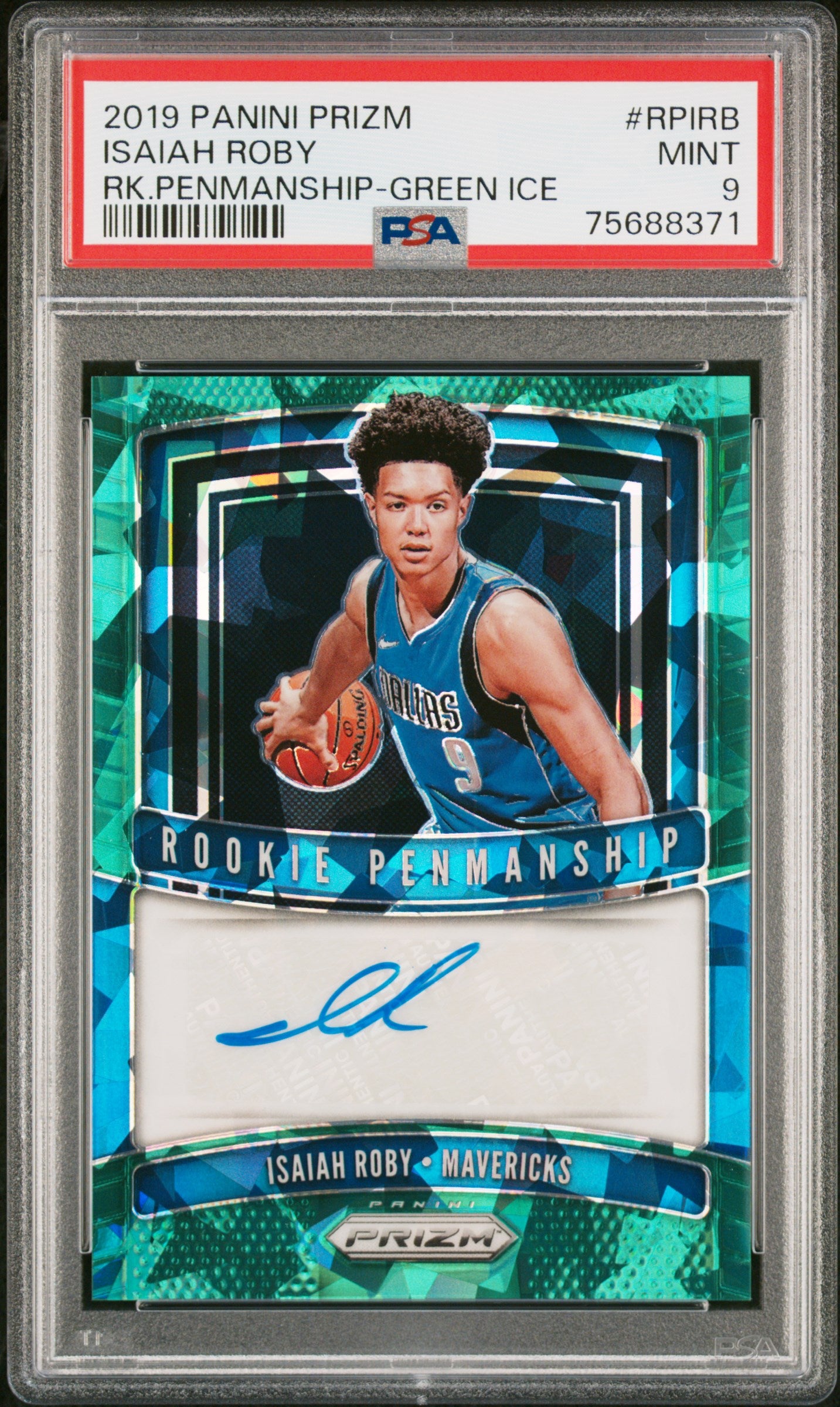 2019 Panini Prizm #6 Isaiah Roby Rookie Penmanship Green Ice Prizm /16 PSA 9