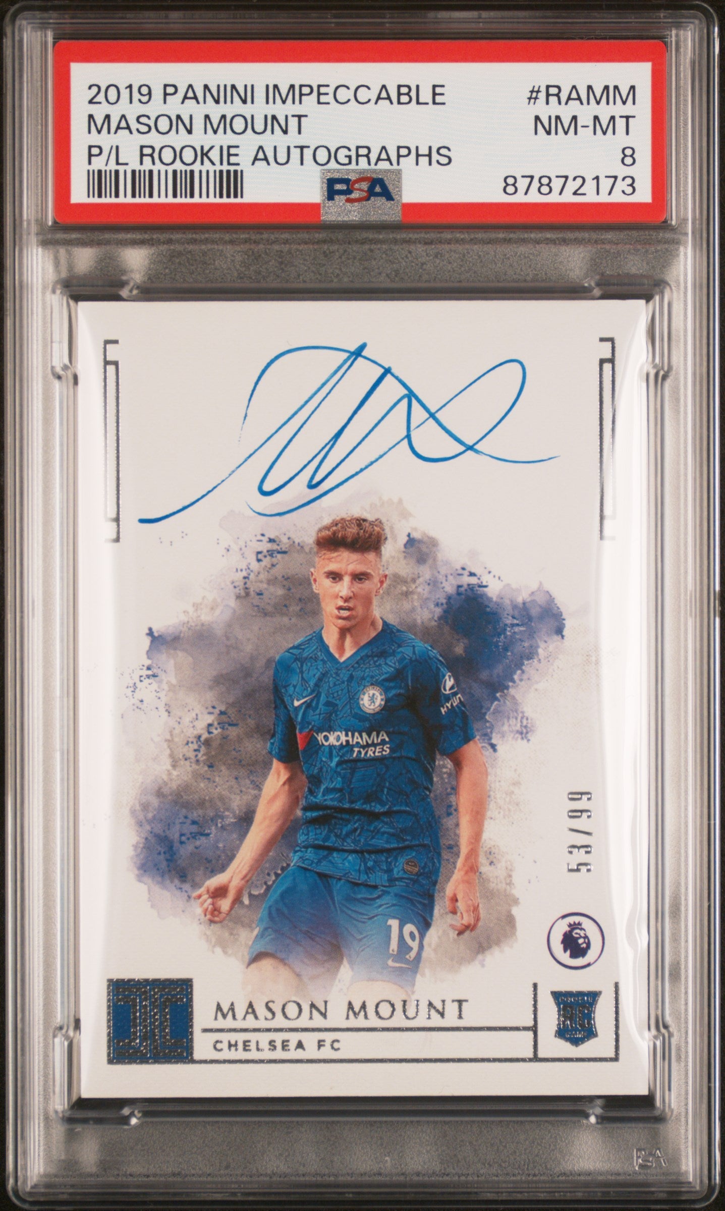 2019 Panini Impeccable Premier League #5 Mason Mount Rookie Autograph /99 PSA 8