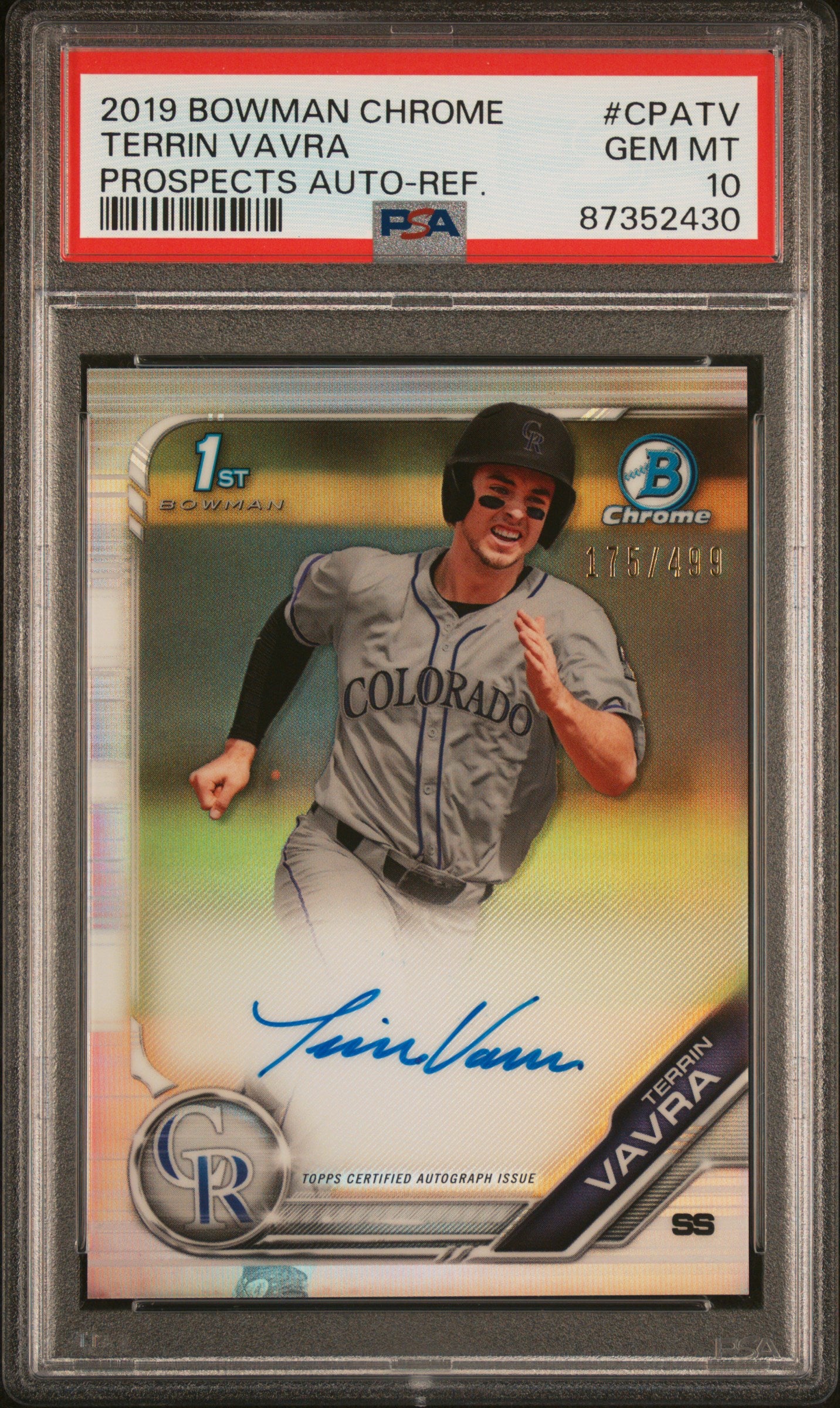 2019 Bowman Chrome #CPATV Terrin Vavra Prospect Autograph Refractor /499 PSA 10