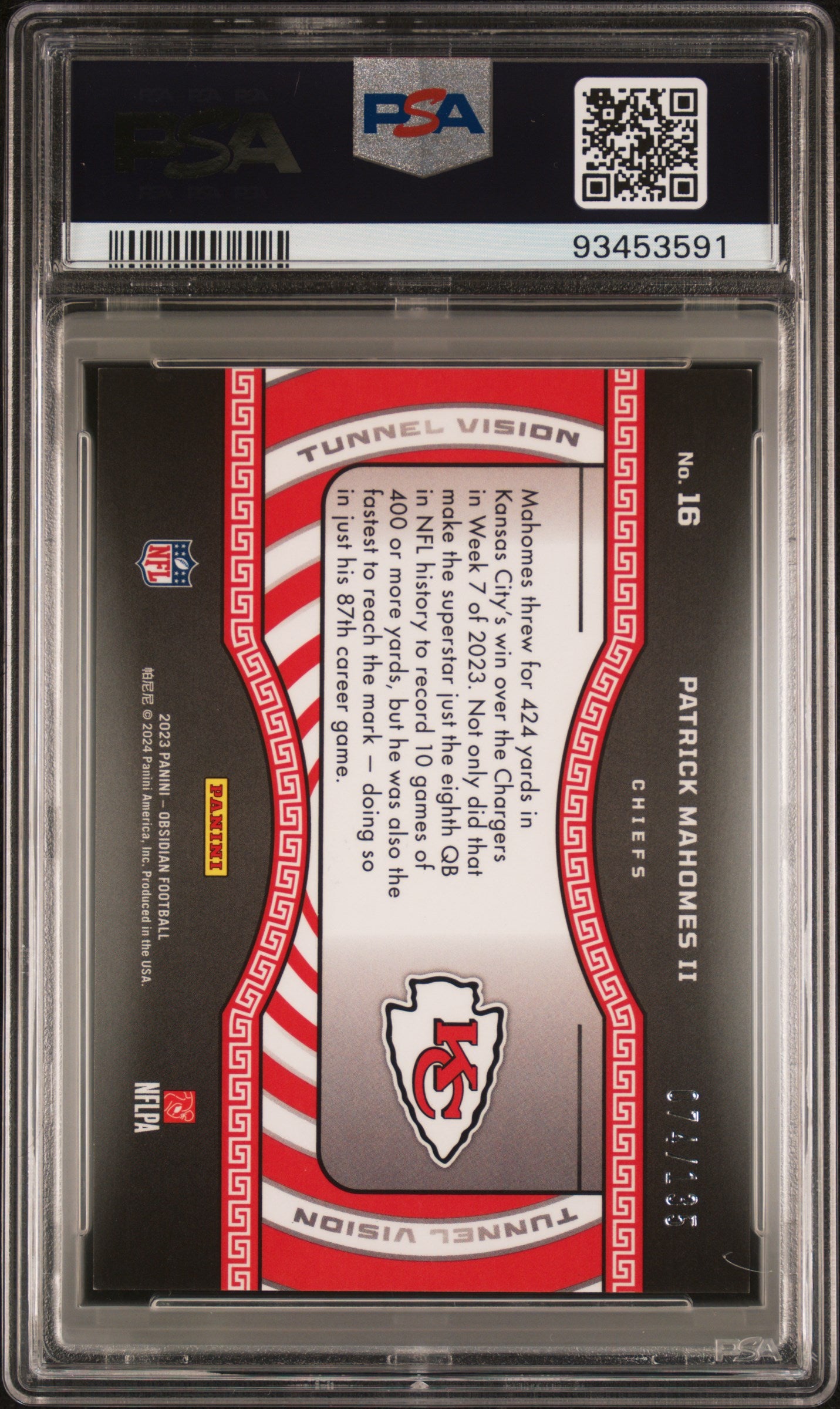 2023 Panini Obsidian Tunnel Vision Patrick Mahomes II /135 #16 PSA 8