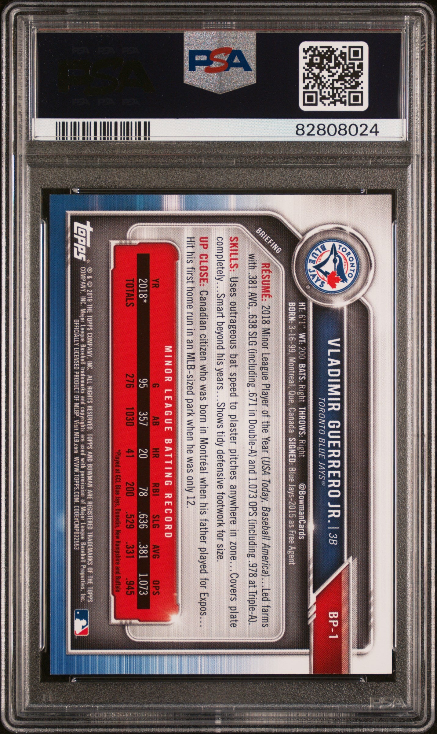 2019 Bowman Gold Vladimir Guerrero Jr. #BP1 /50 PSA 10