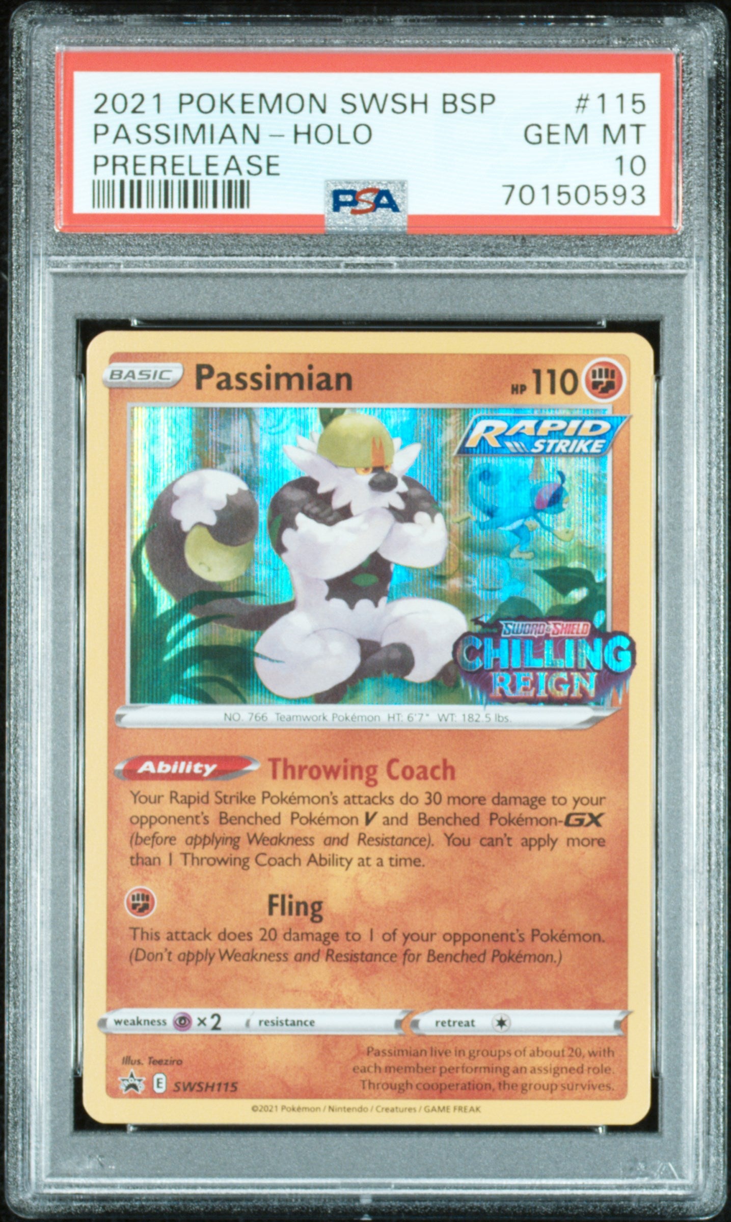 2021 Pokémon SWSH BSP Promo Passimian #SWSH115 Holo Prerelease PSA 10