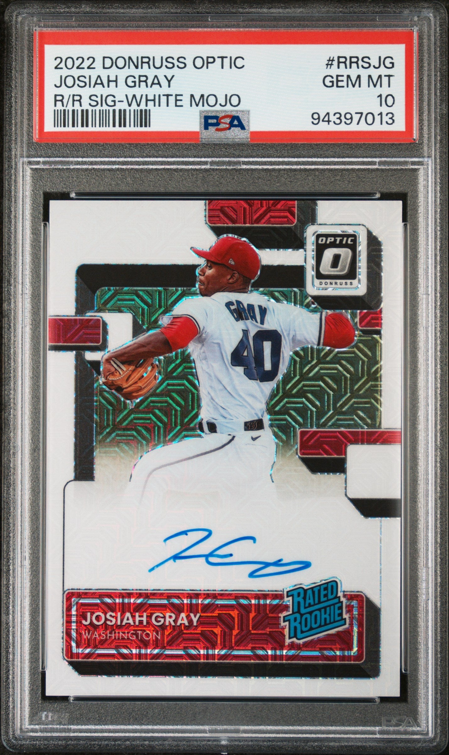 2022 Panini Donruss Optic Rookie Signatures White Mojo Josiah Gray /99 PSA 10