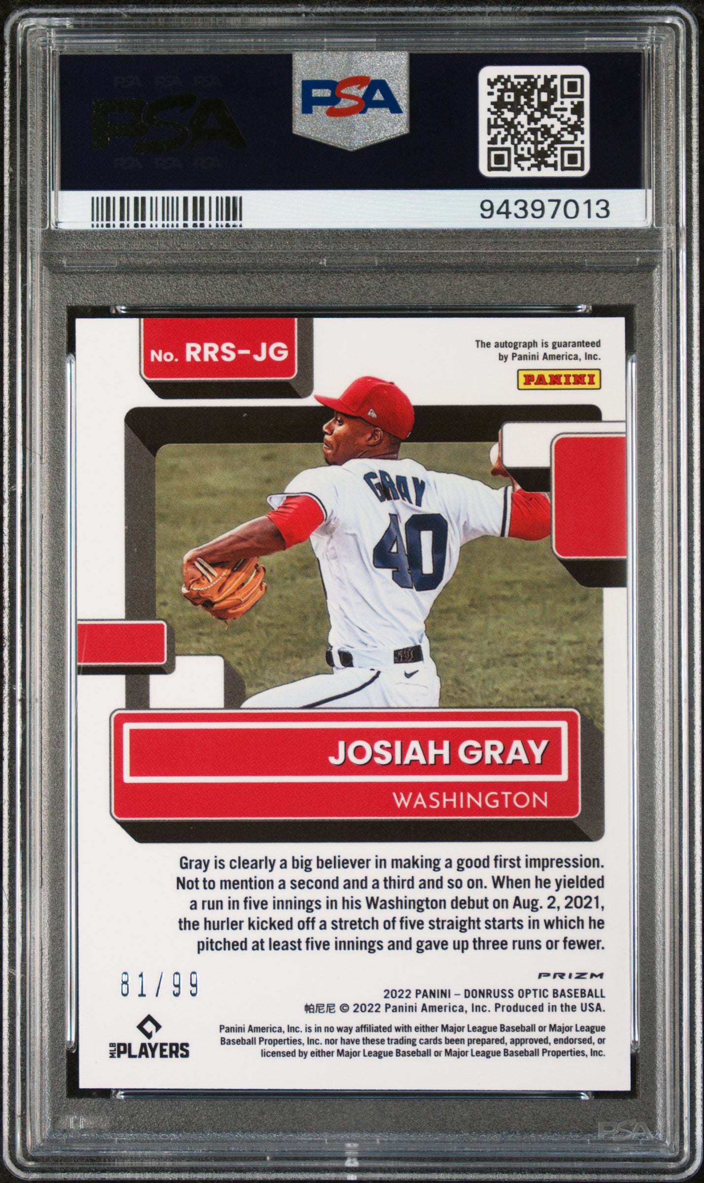 2022 Panini Donruss Optic Rookie Signatures White Mojo Josiah Gray /99 PSA 10