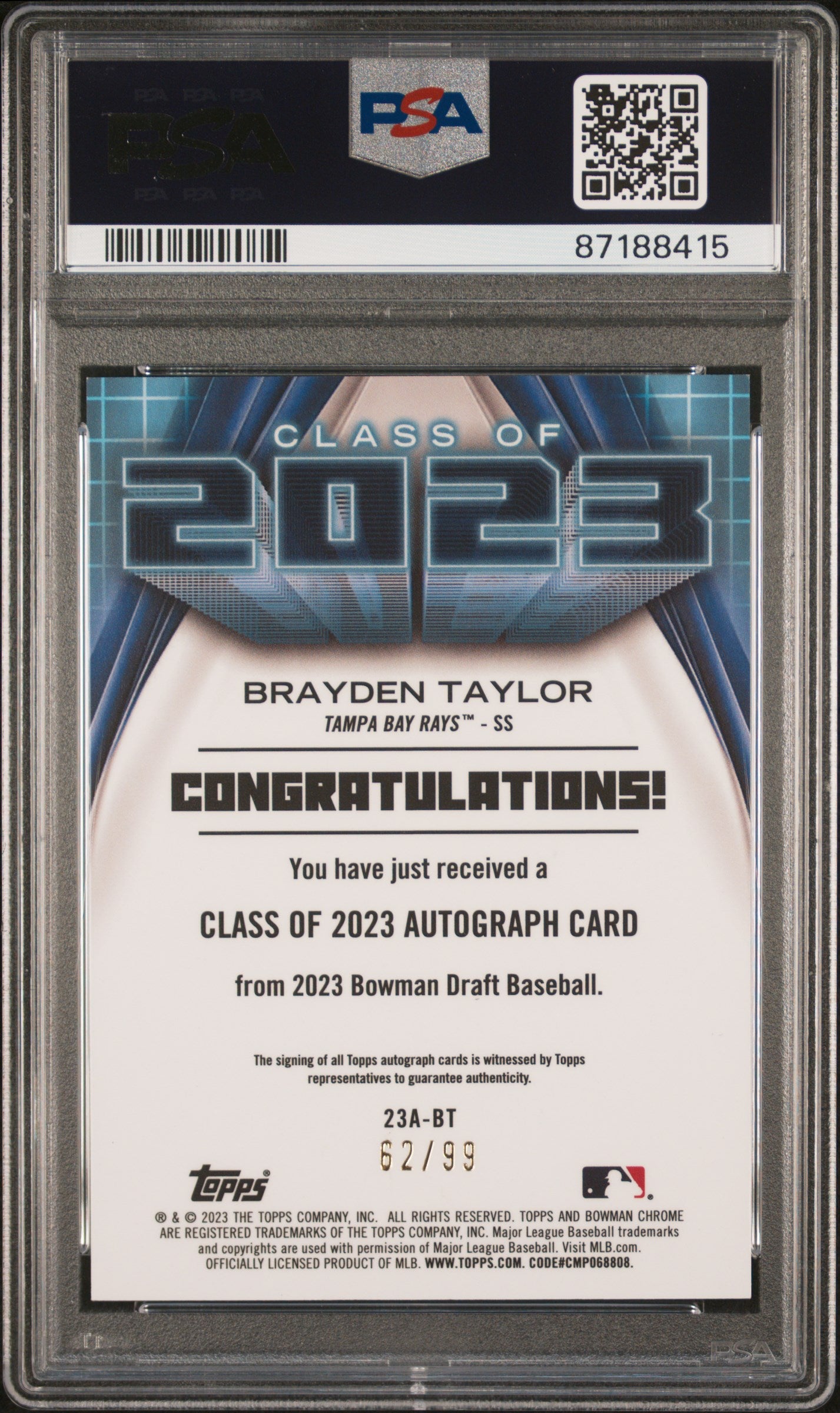 2023 Bowman Brayden Taylor /99 PSA 10 Draft Class of 2023 Autograph Green