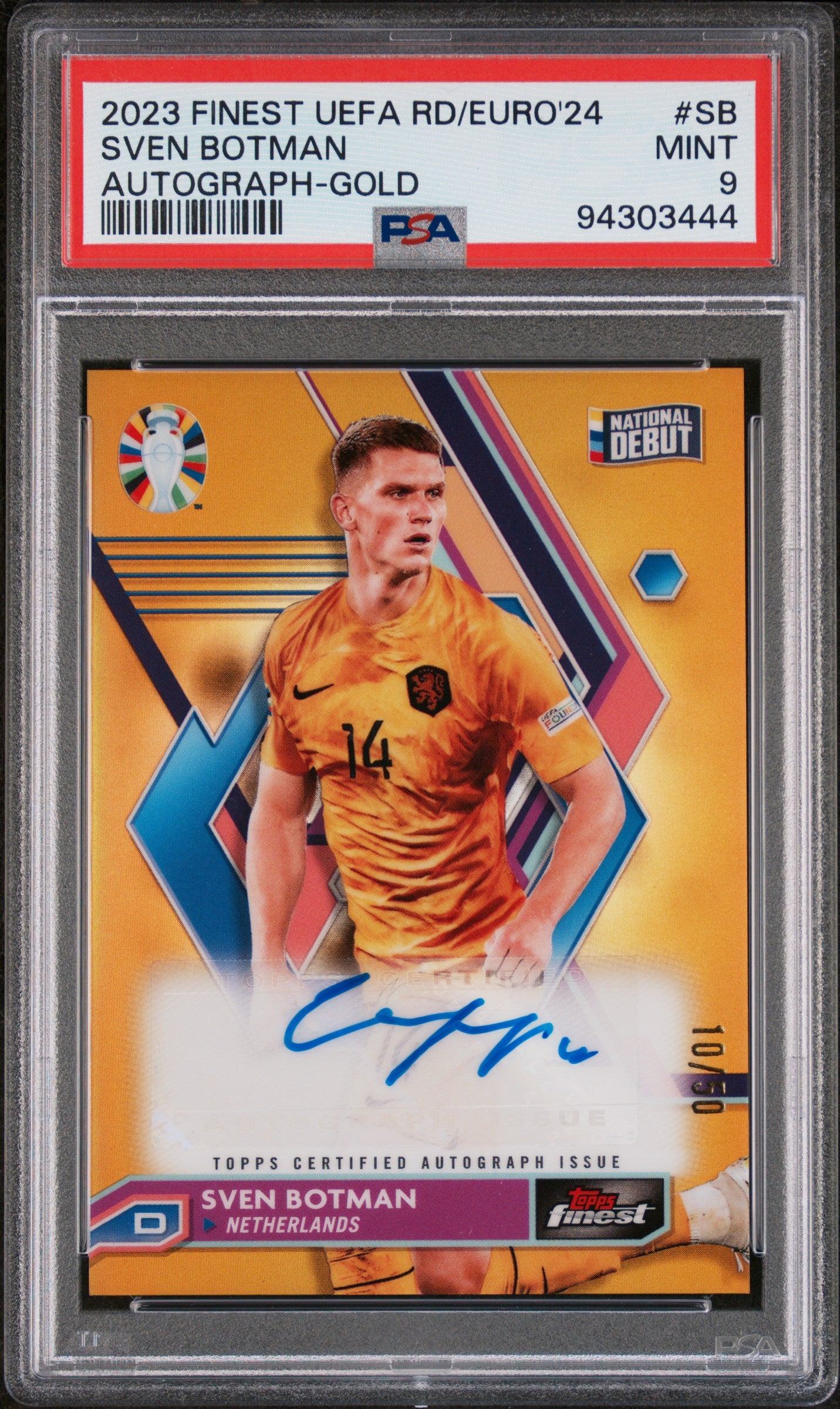 2023 Topps Finest Road To UEFA Euro 2024 Auto Gold Sven Botman /50 #SB PSA 9