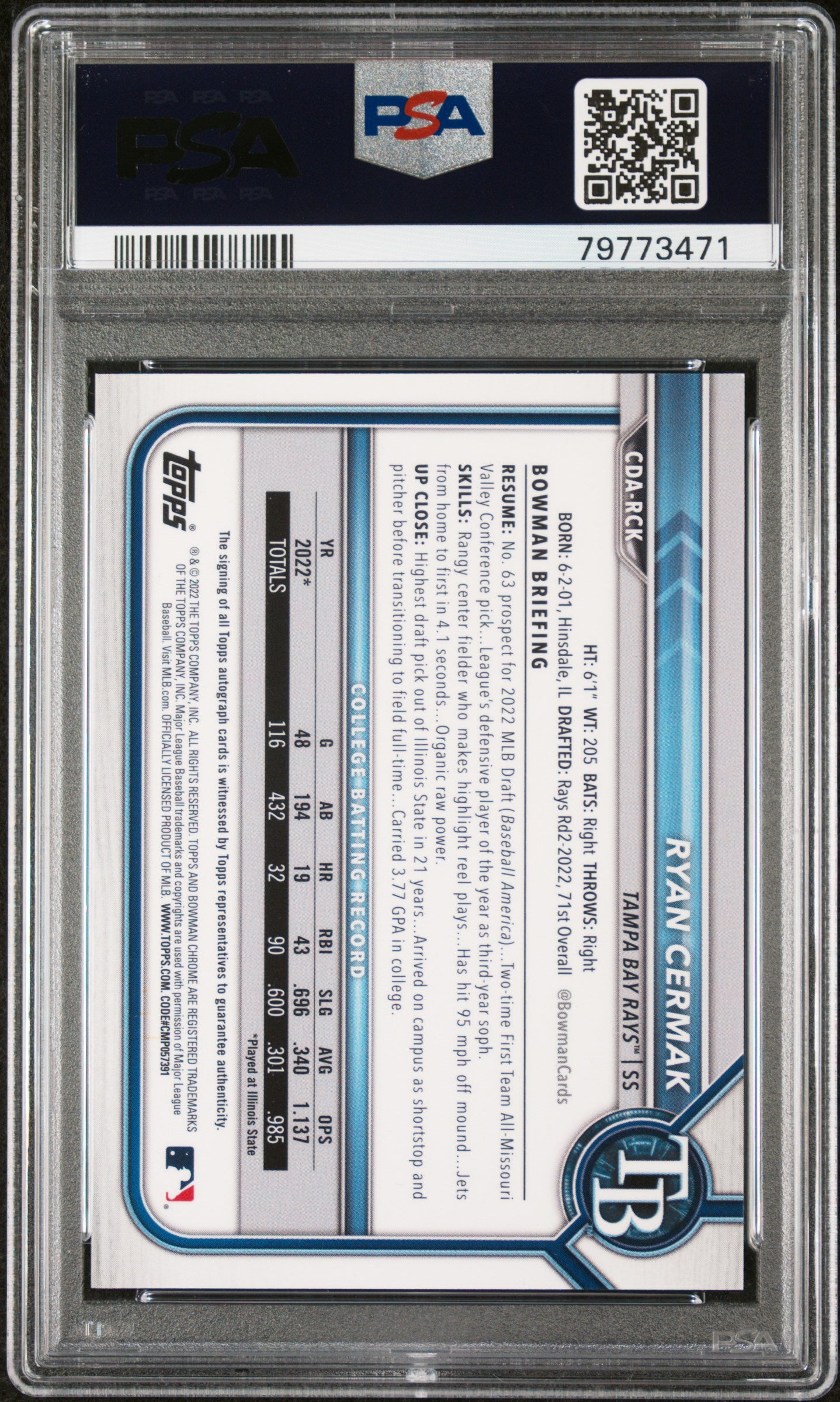 2022 Bowman Draft Ryan Cermak Chrome Draft Pick Auto Purple /250 PSA 9