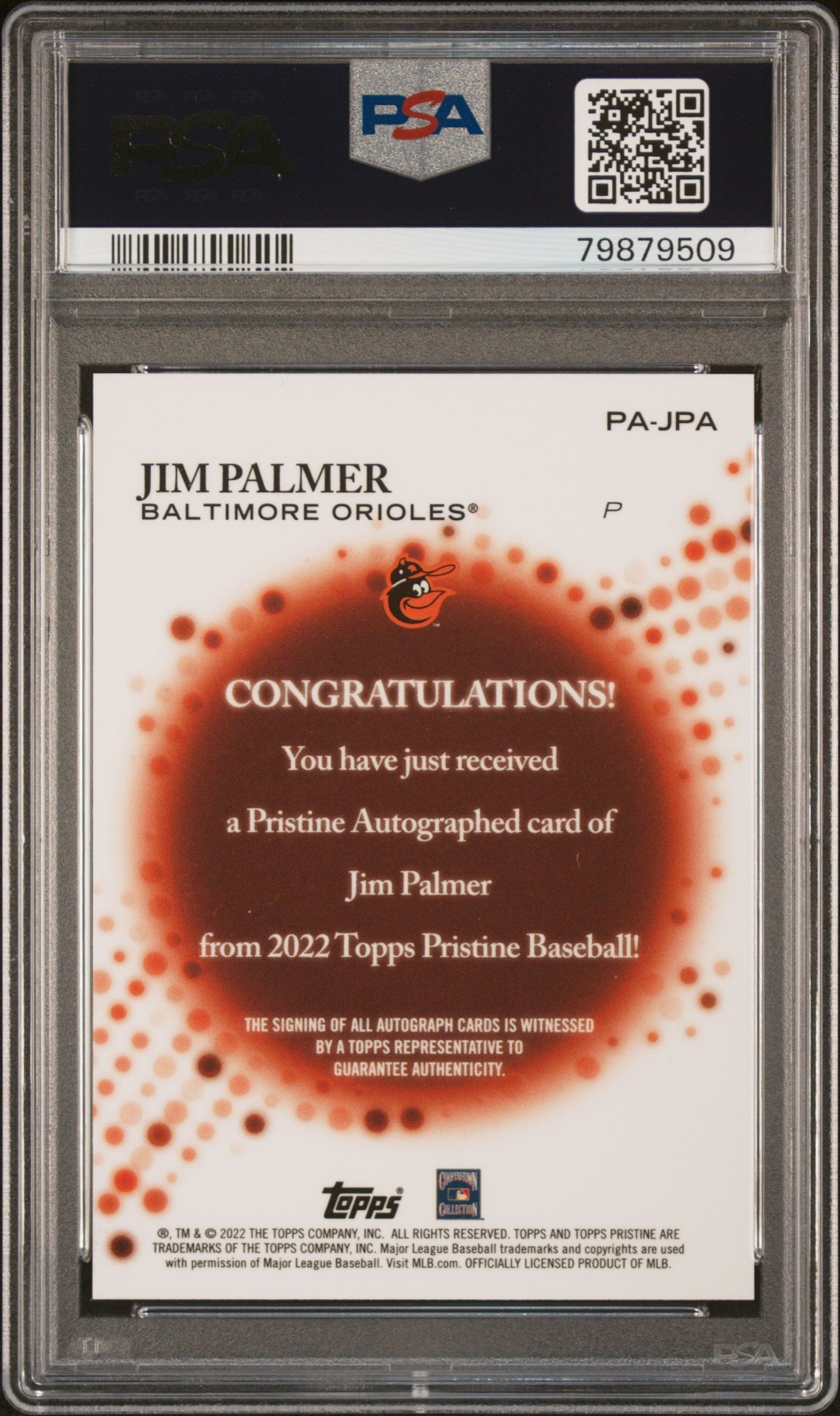 2022 Topps Pristine #PA-JPA Jim Palmer Pristine Autographs PSA 10