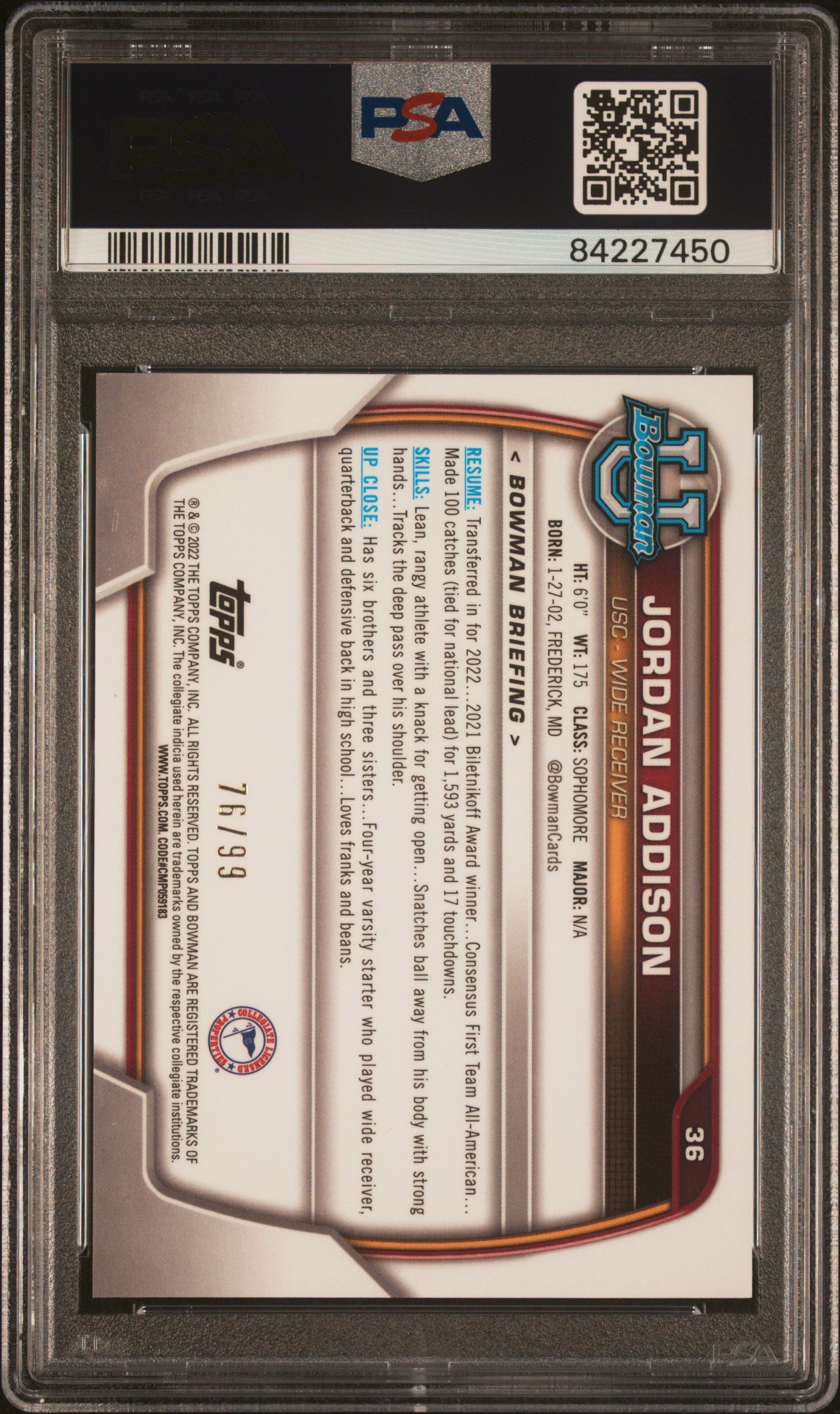 2022 Bowman University Chrome Prospects #36 Jordan Addison Green Refractor PSA 9