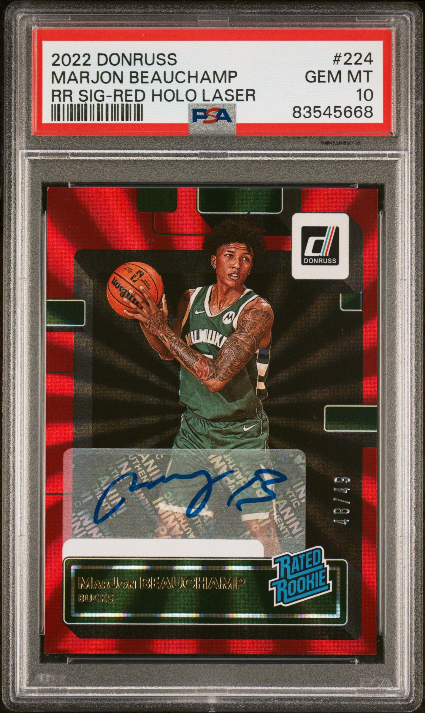 2022 Panini Donruss #224 Marjon Beauchamp Rated Rookie Signature-Red Holo Laser PSA 10