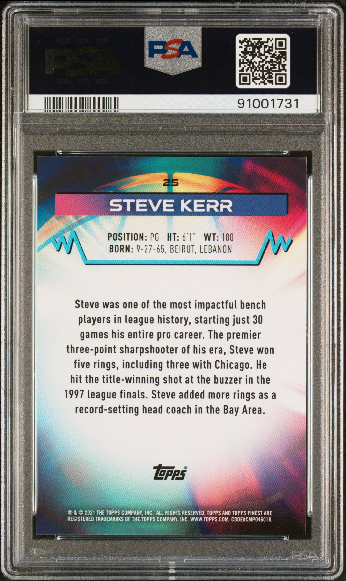 2021 Topps Finest Atomic Refractor Steve Kerr #25 /299 PSA 10
