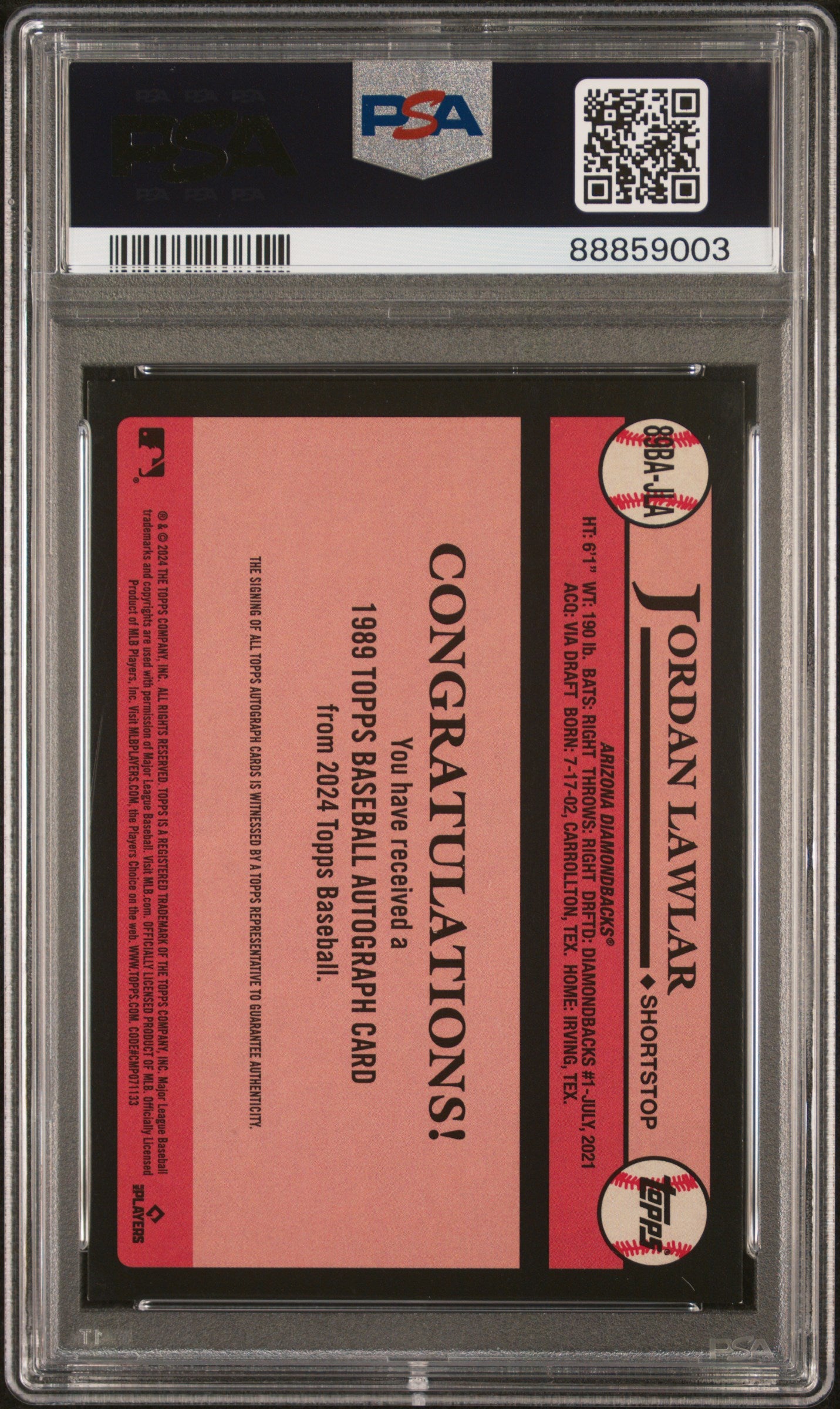 2024 Topps 1989 Topps Baseball Autographs #89BAJLA Jordan Lawlar PSA 8