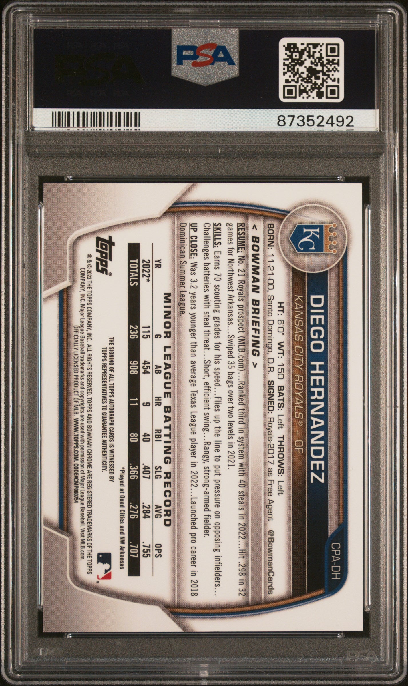 2023 Bowman Chrome #CPADH Diego Hernandez Prospect Autograph Yellow Refractor /75 PSA 10