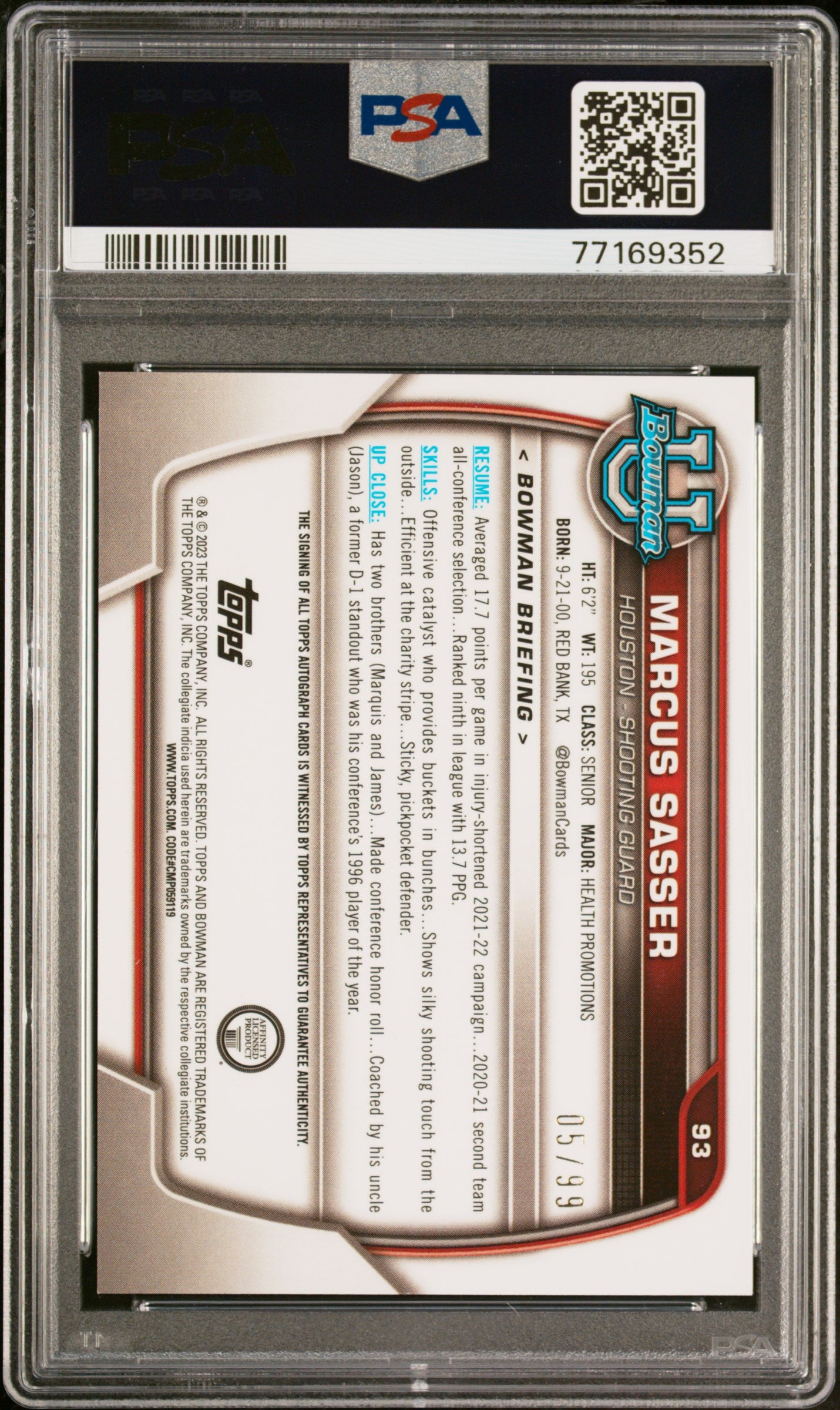 2022 Bowman Chrome University #93 Marcus Sasser Prospect Autographs-Green Refractor PSA 9