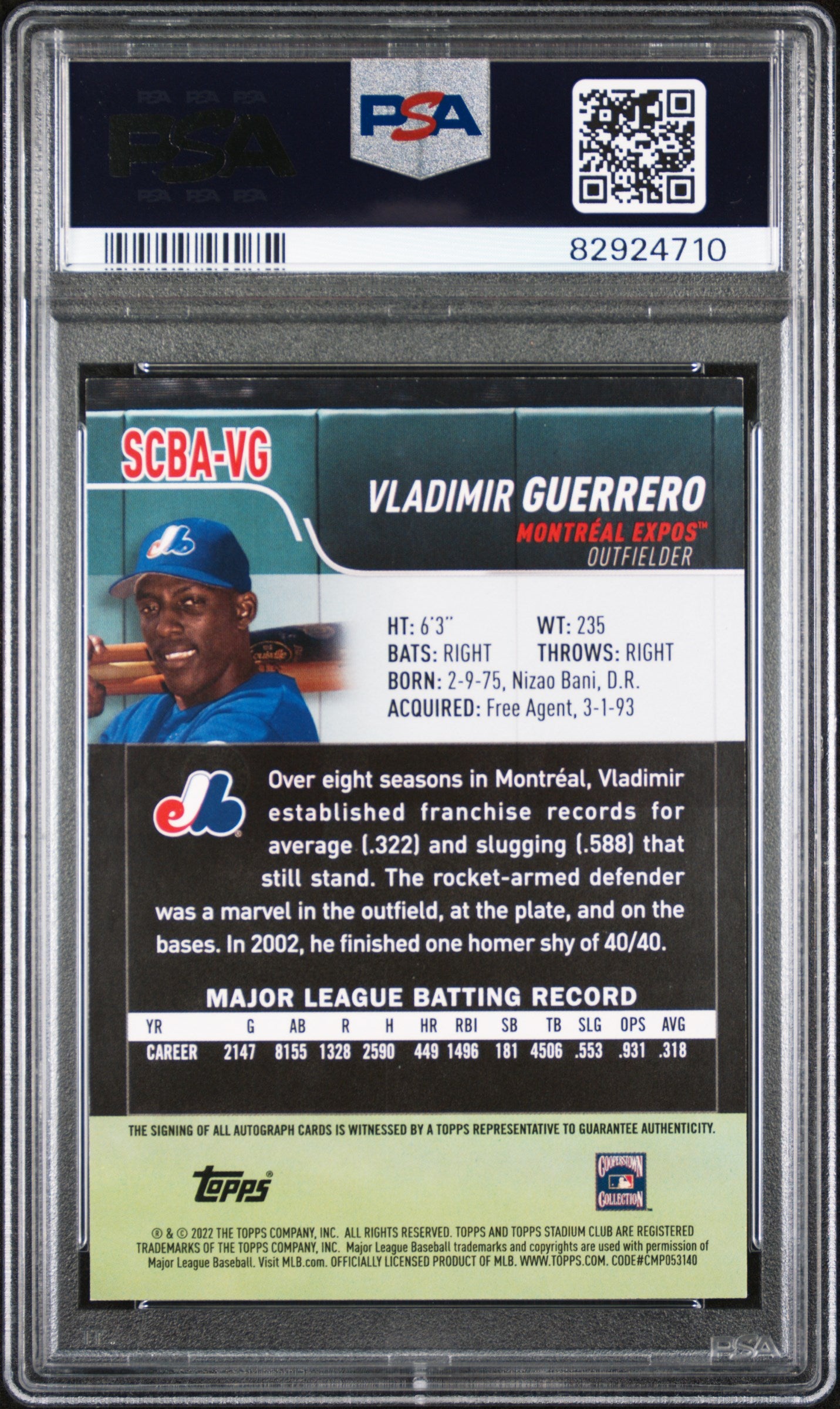 2022 Topps Stadium Club Vladimir Guerrero Autographs #SCBAVG PSA 9