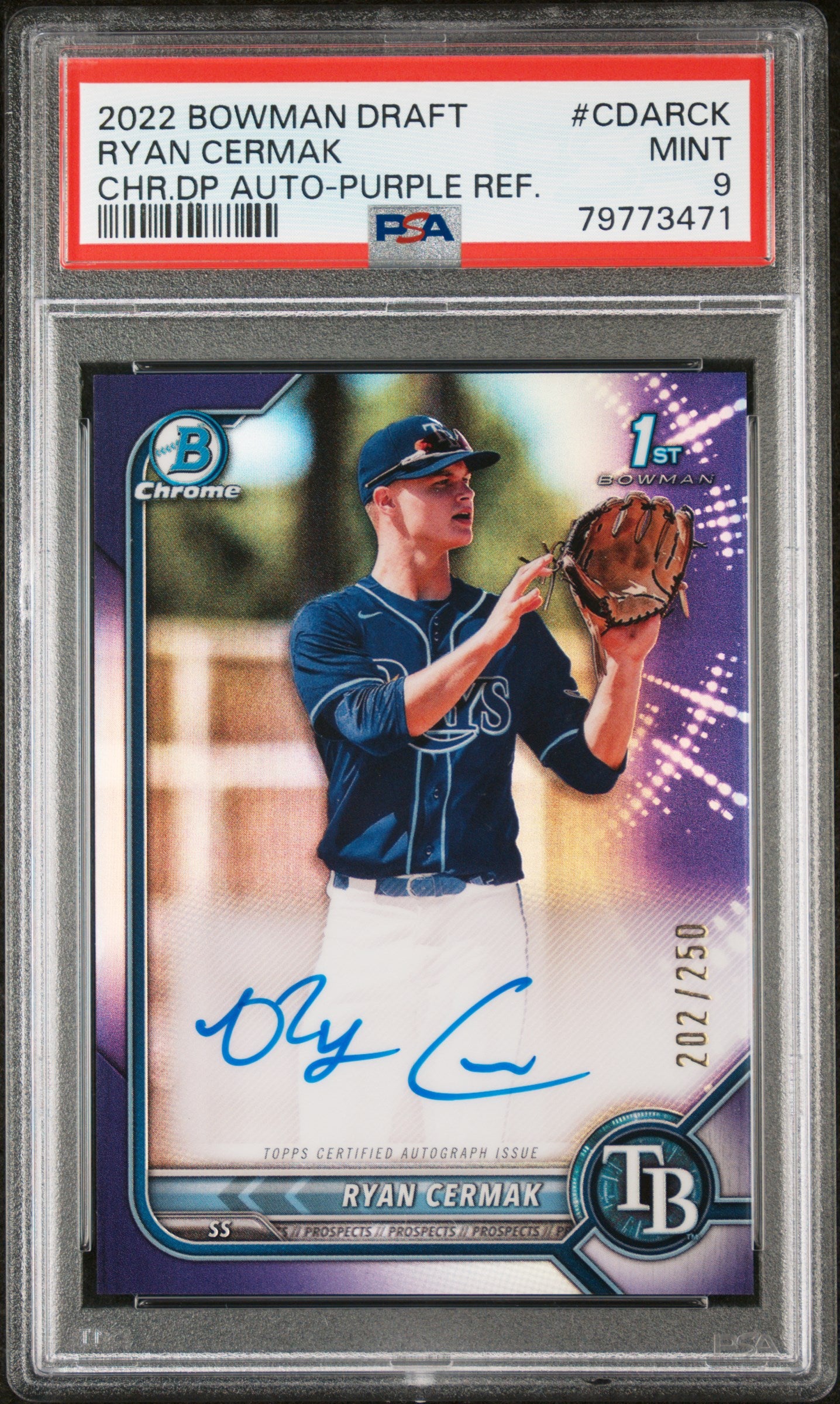 2022 Bowman Draft Ryan Cermak Chrome Draft Pick Auto Purple /250 PSA 9