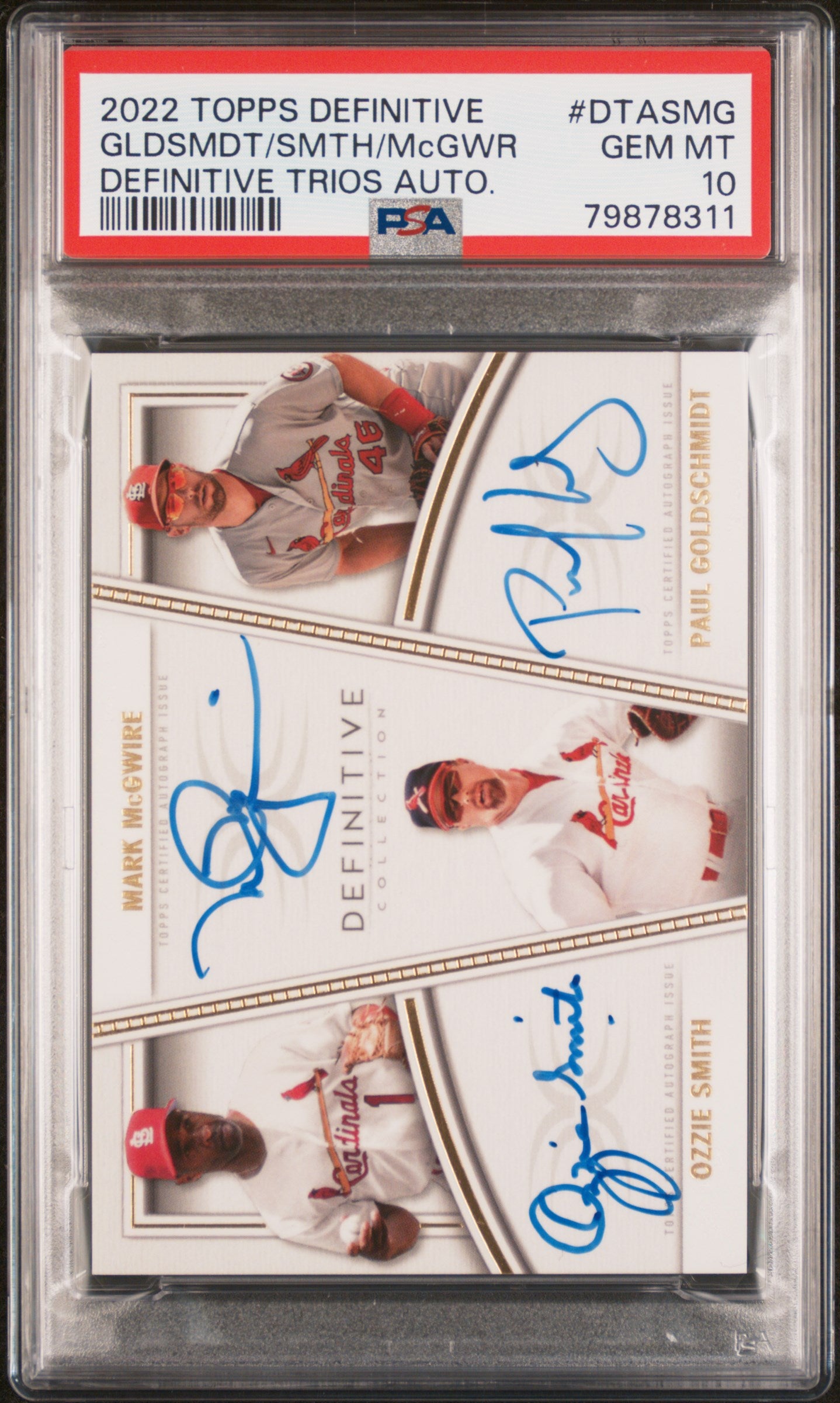 2022 Topps Definitive Trios Auto Mark Mcgwire/Ozzie Smith Goldschmidt PSA 10