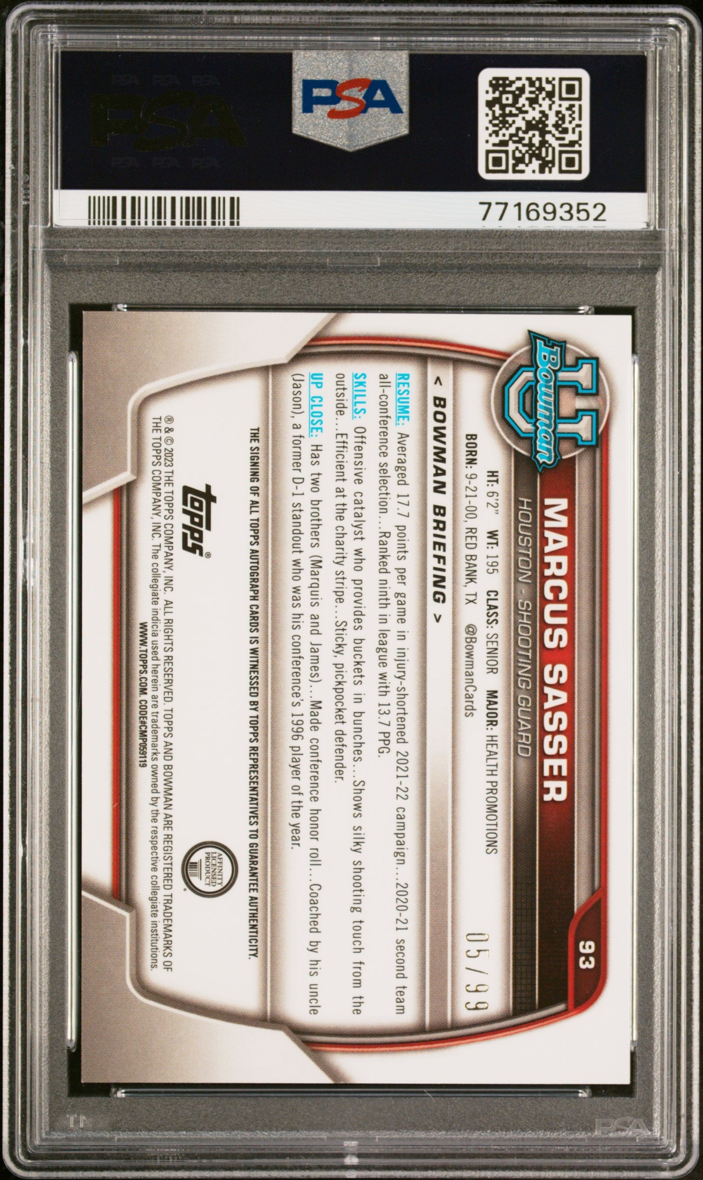 2022 Bowman University Green Refractor Marcus Sasser #93 Auto /99 PSA 9