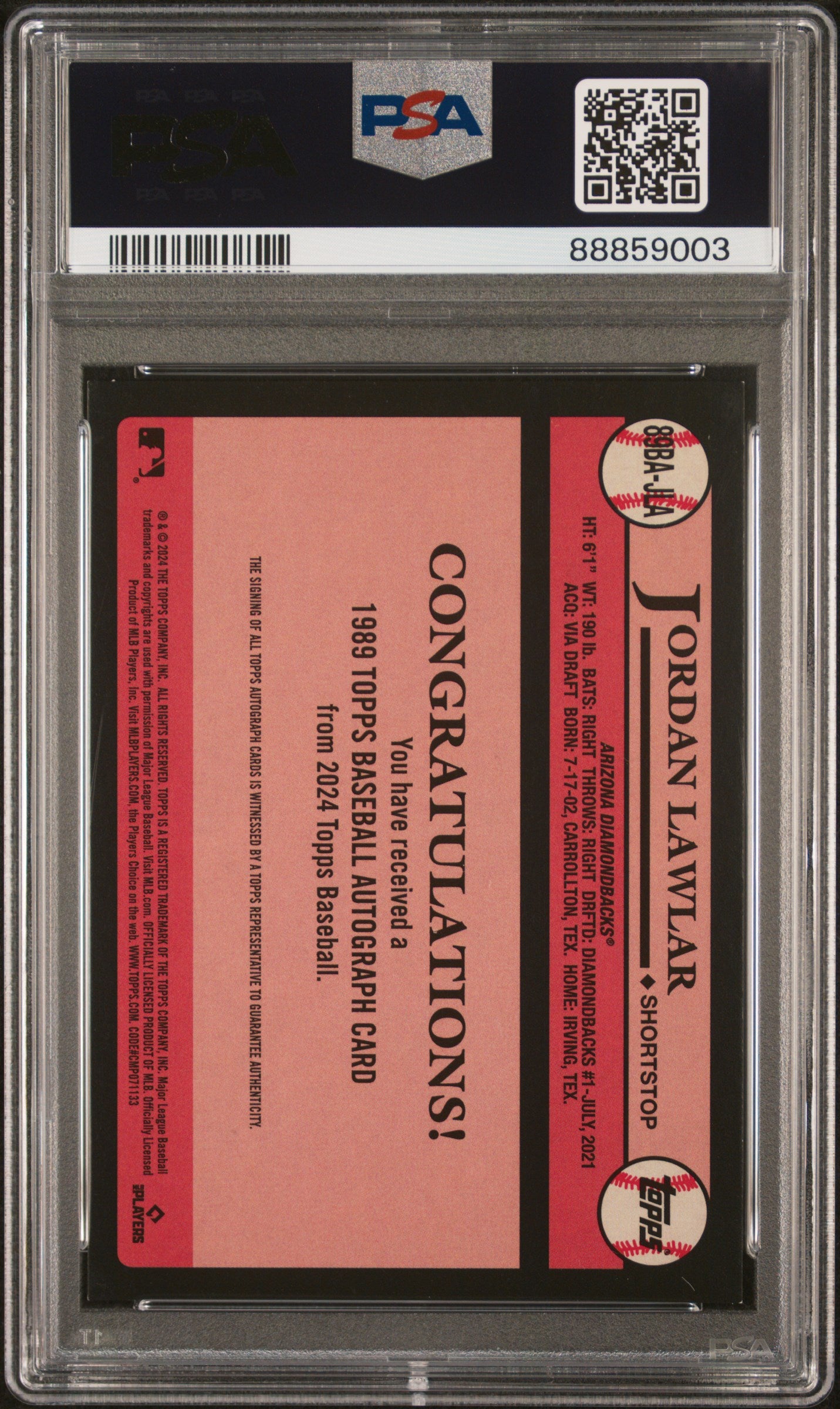 2024 Topps 1989 Autograph Jordan Lawlar #89BAJLA RC PSA 8.5