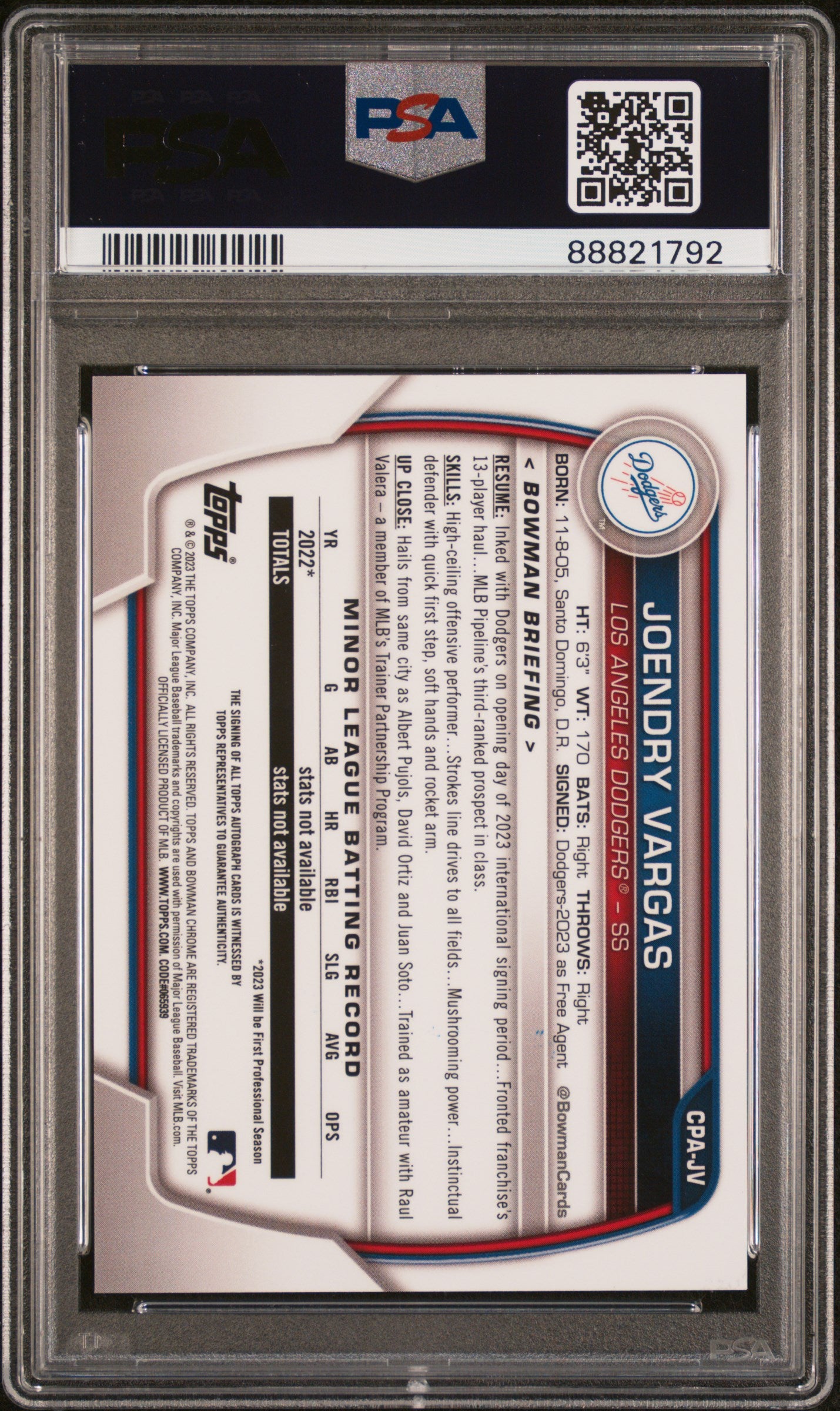 2023 Bowman Chrome Prospect Autograph Joendry Vargas #CPAJV PSA 9