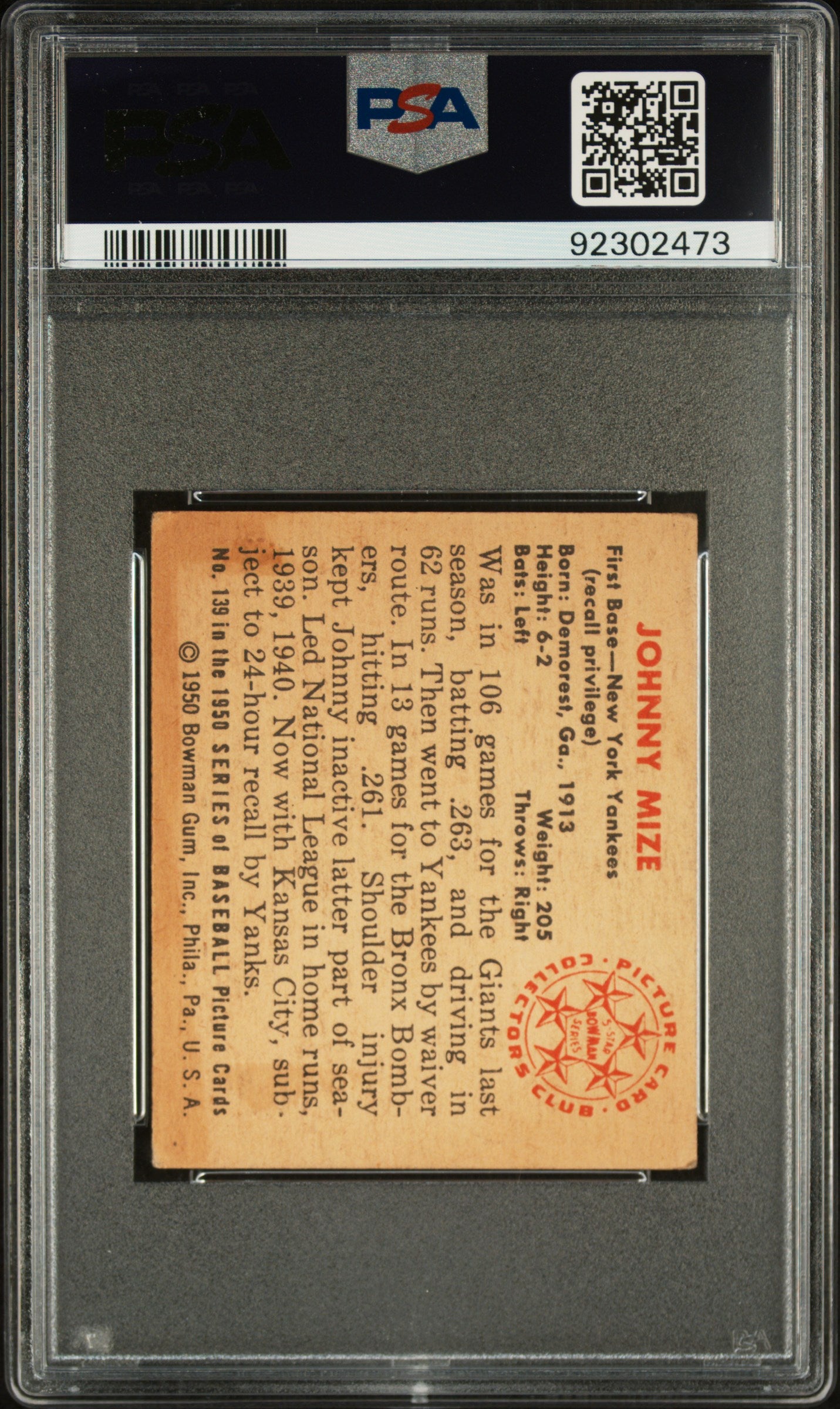 1950 Bowman Johnny Mize #139 PSA 3