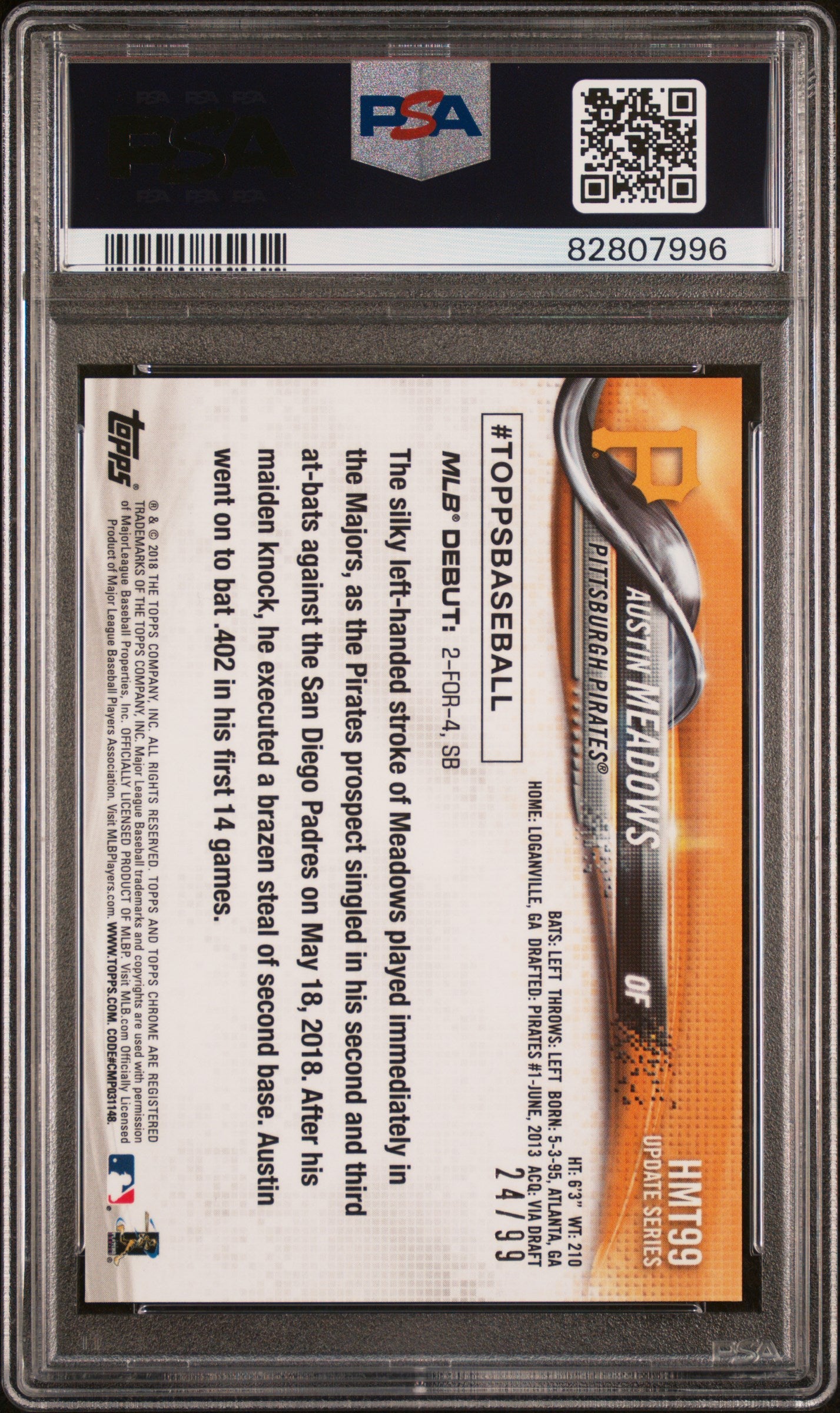 2018 Topps Chrome Update X-Fractor Austin Meadows #HMT99 RC /99 PSA 10