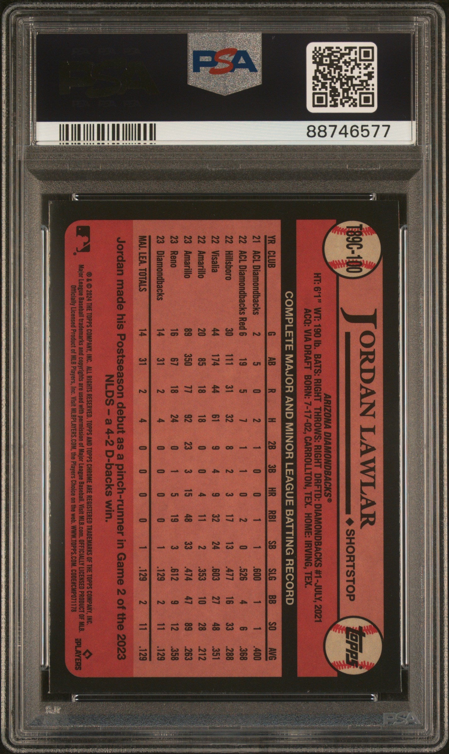 2024 Topps Silver Pack Jordan Lawlar #T89C100 RC PSA 10