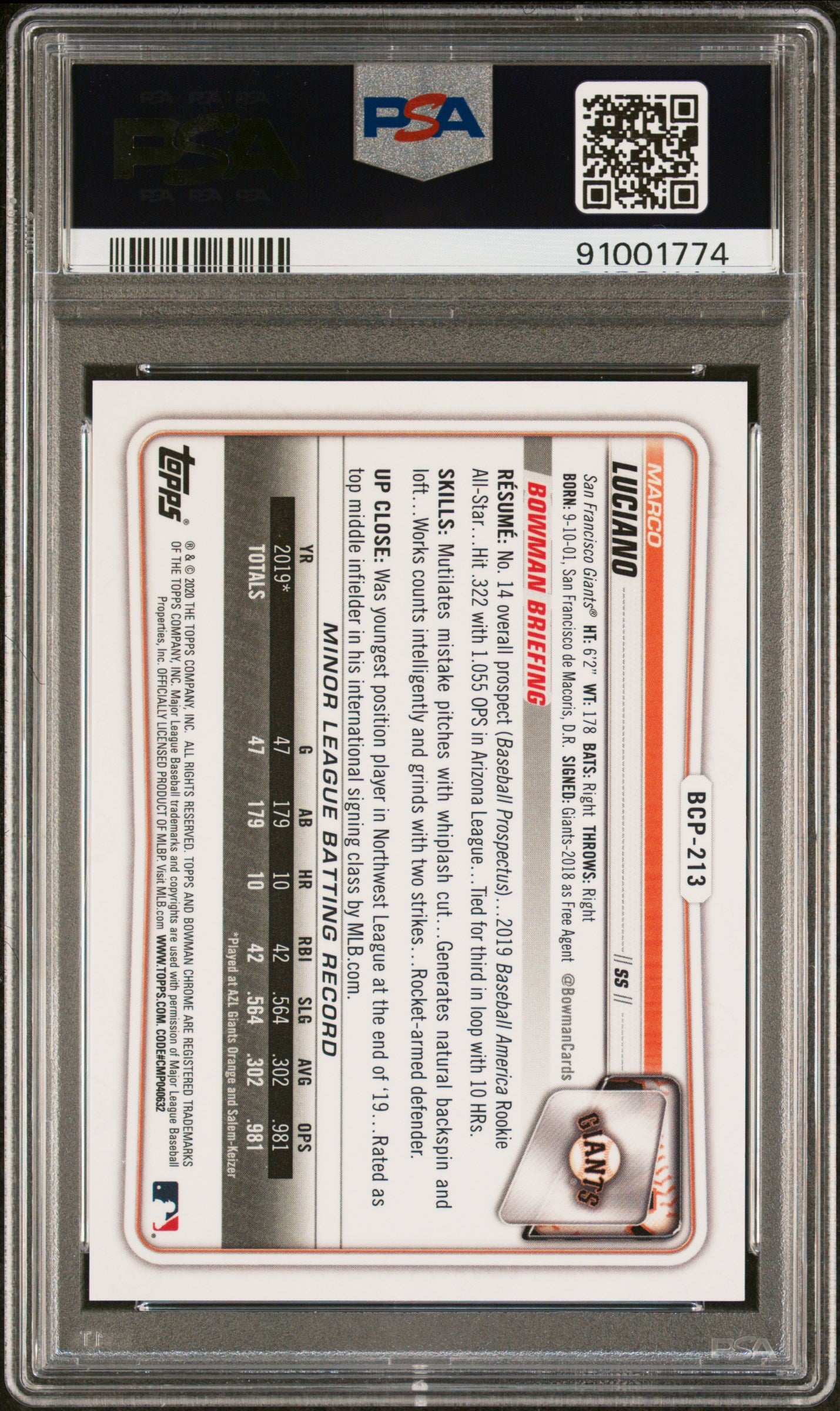 2020 Bowman Chrome #BCP213 Marco Luciano Prospect Red Shimmer Refractor /5 PSA 10