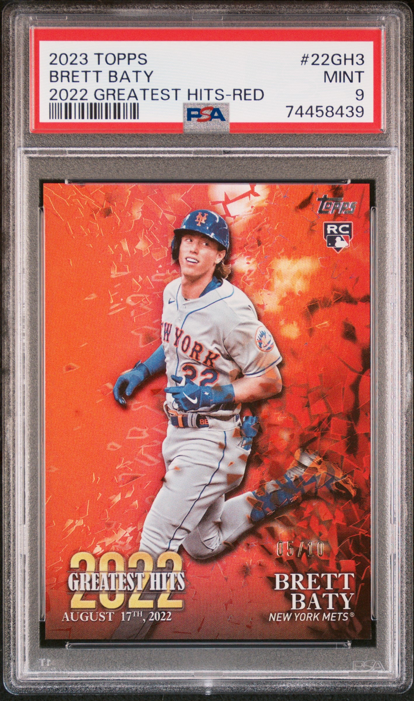 2023 Topps 2022 Greatest Hits Red Brett Baty /10 Rookie RC PSA 9