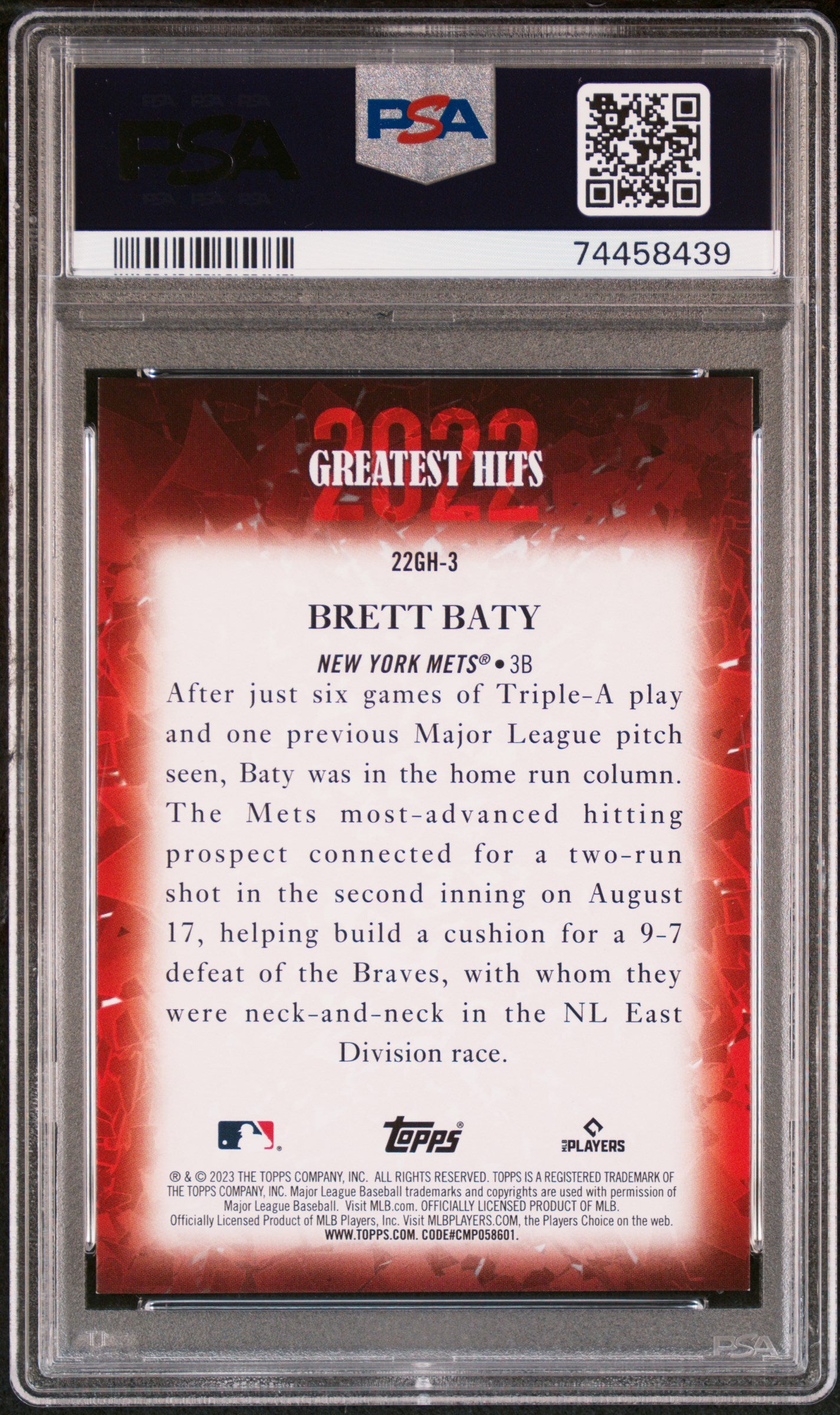 2023 Topps 2022 Greatest Hits Red Brett Baty /10 Rookie RC PSA 9