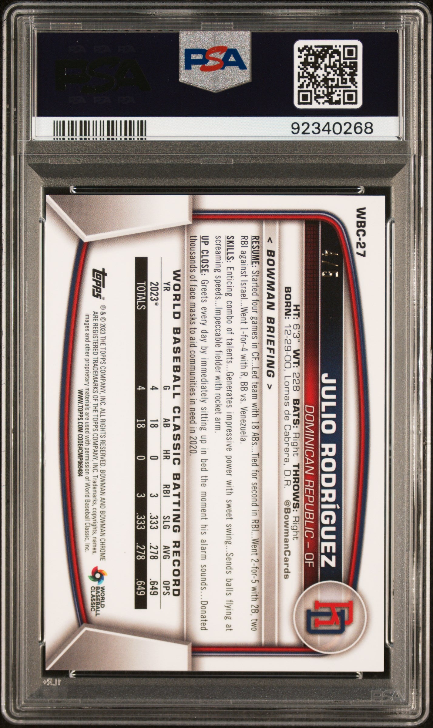 2023 Bowman Chrome World Baseball Classic Flag Red Julio Rodriguez /5 PSA 10