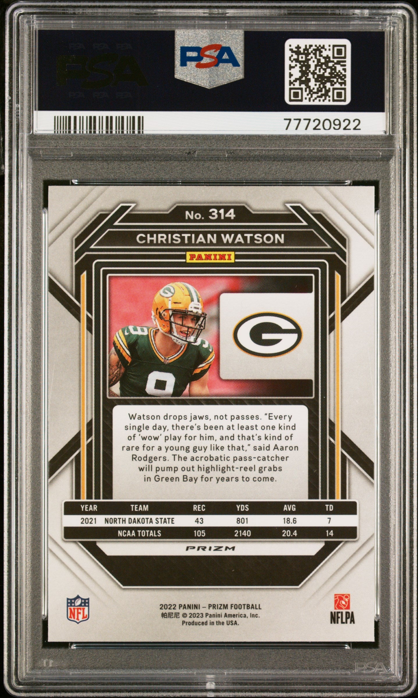 2022 Panini Prizm #314 Christian Watson Prizms Orange Ice PSA 9