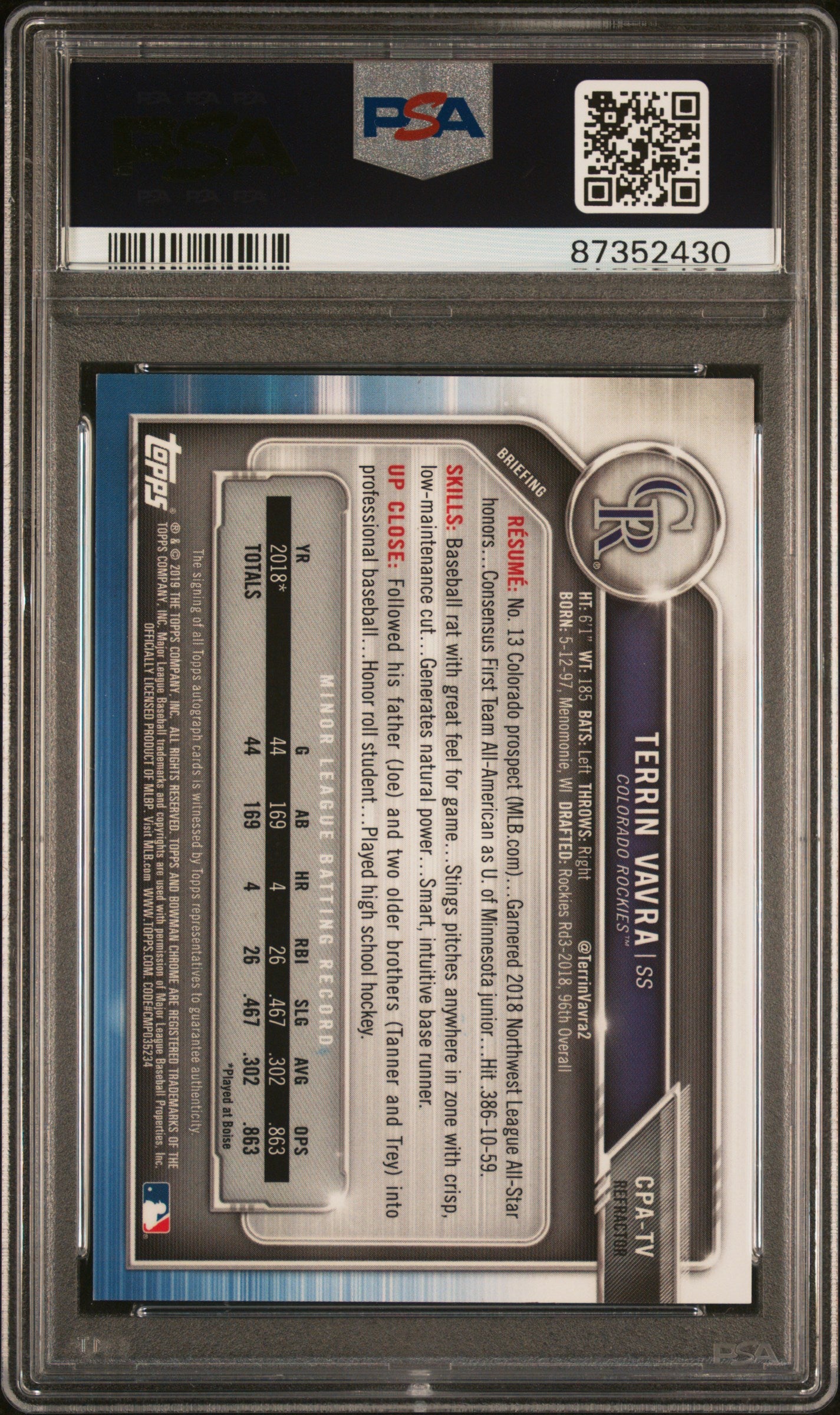 2019 Bowman Chrome #CPATV Terrin Vavra Prospect Autograph Refractor /499 PSA 10