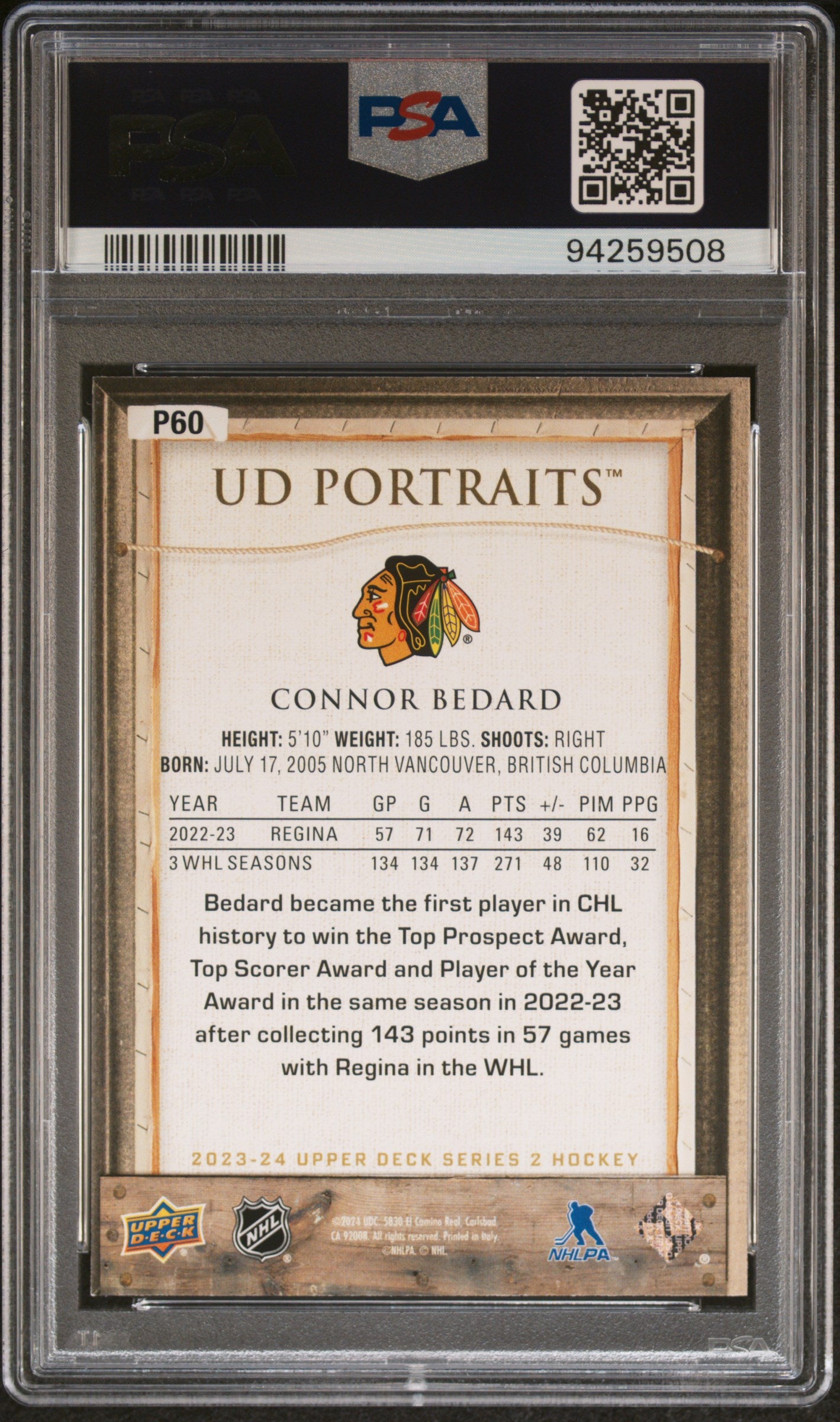 2023 Upper Deck UD Portraits Connor Bedard #P60 PSA 9