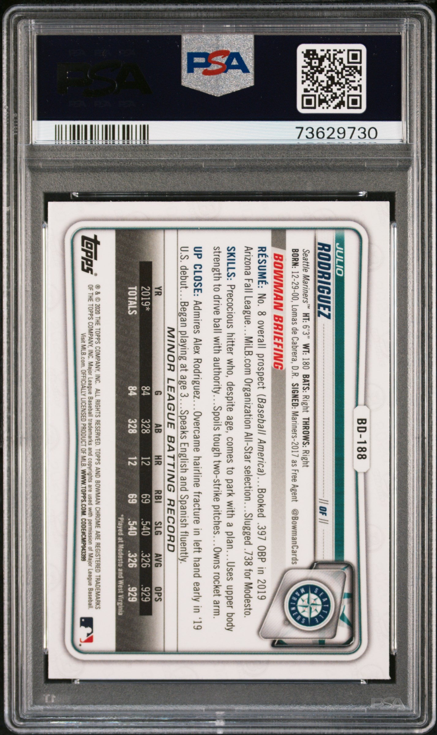 2020 Bowman Draft Sapphire #BD188 Julio Rodriguez Chrome PSA 10